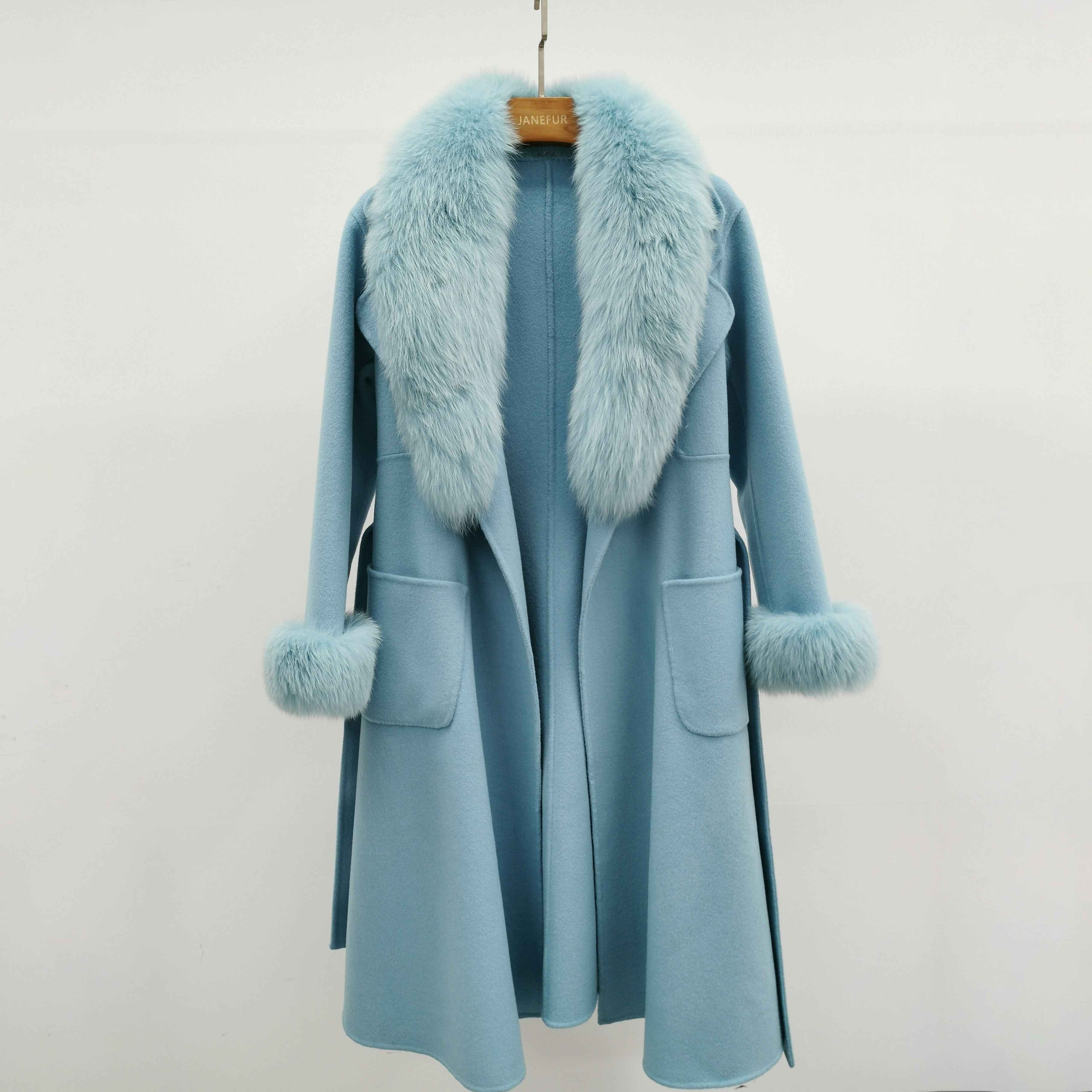 Women's Camel Wool Long Coat with Fox Fur Collar and Cuffs Trim, Elegant Oversized Winter Jacket for Casual Outfits Blue