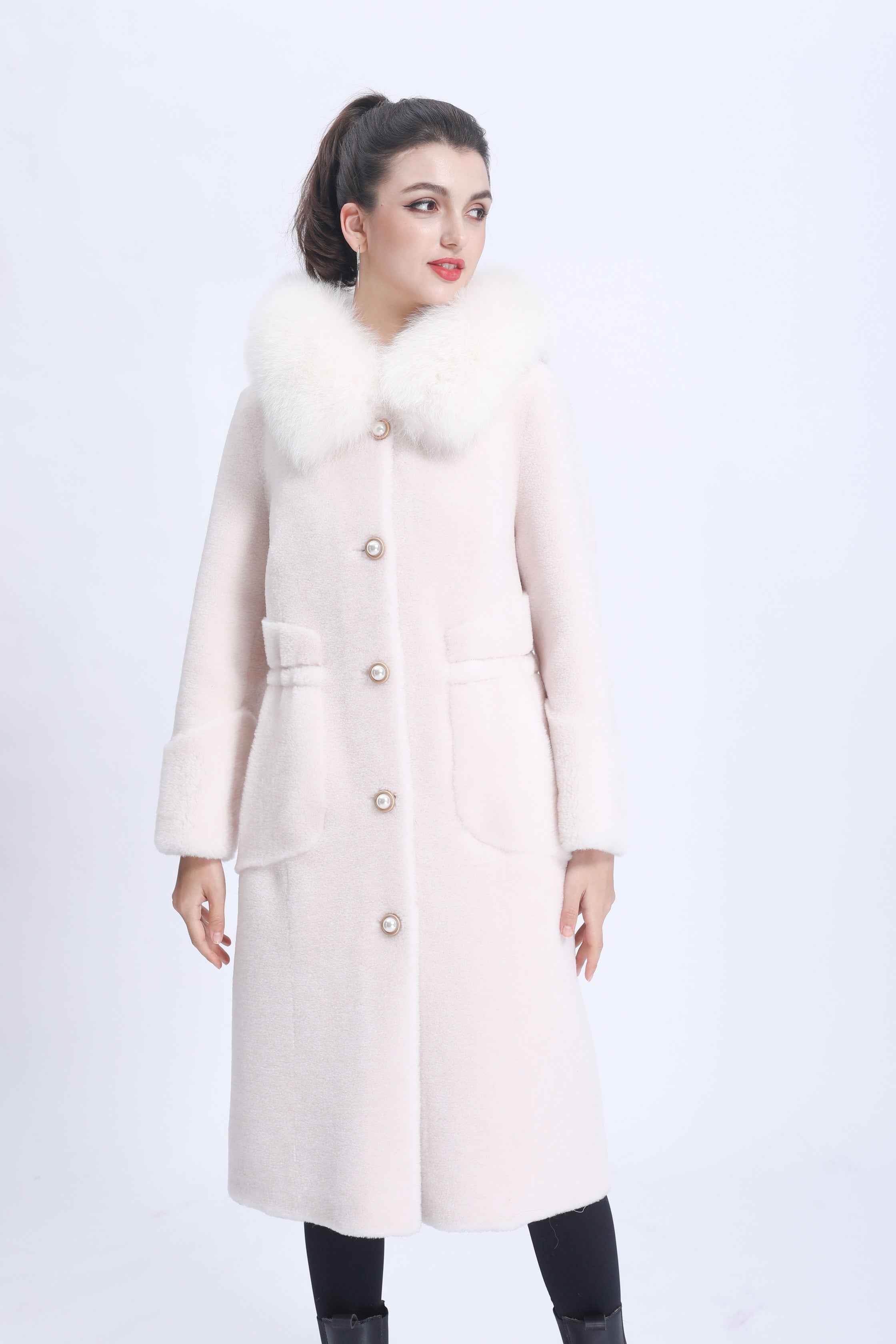 Women's Shearling Long Coat with Hood, Pearl Buttons & Fox Fur Trim - Luxurious Winter Outerwear