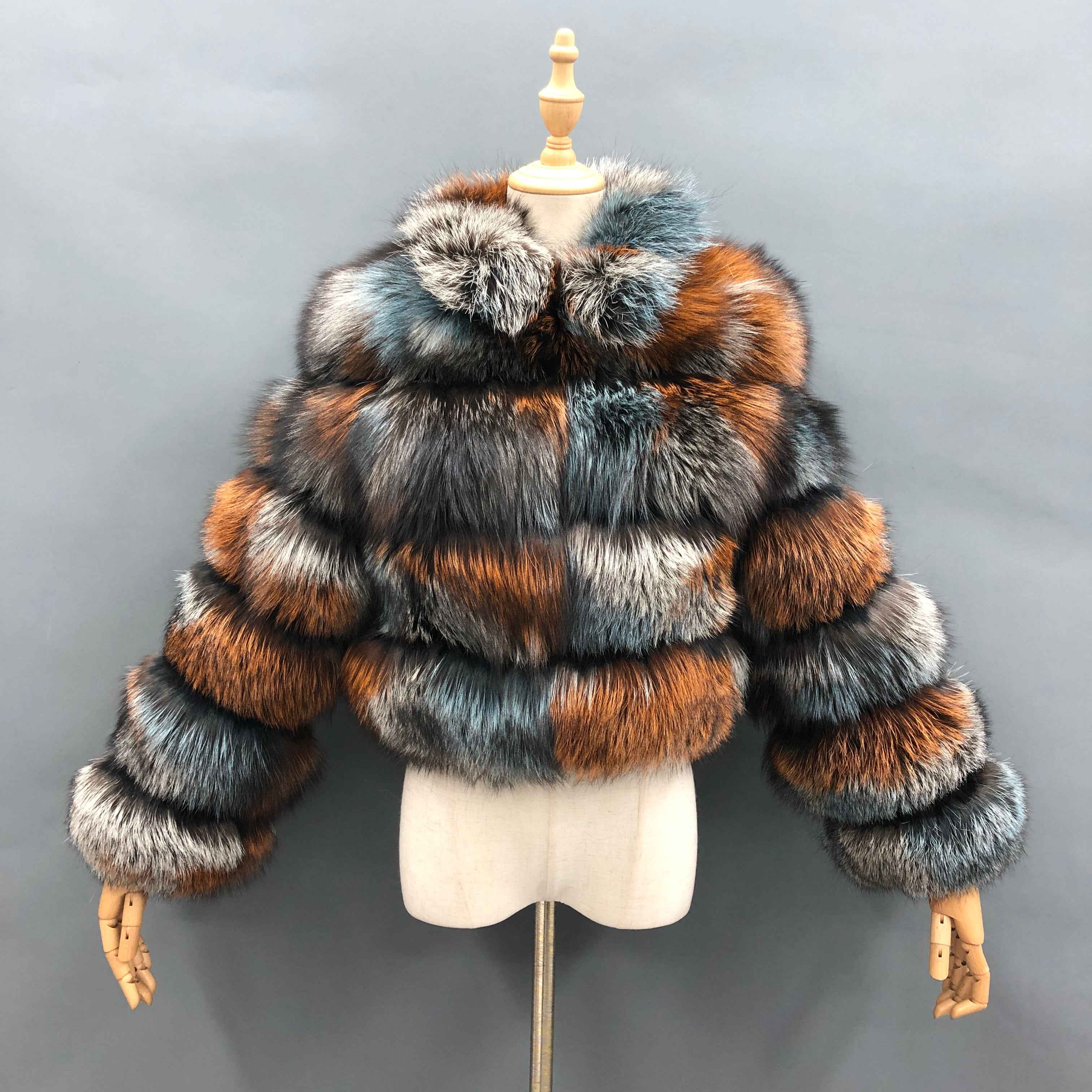 Women's Luxury Cropped Fox Fur Jacket - Layered Stand Collar Winter Fashion Statement Outerwear Animal 1