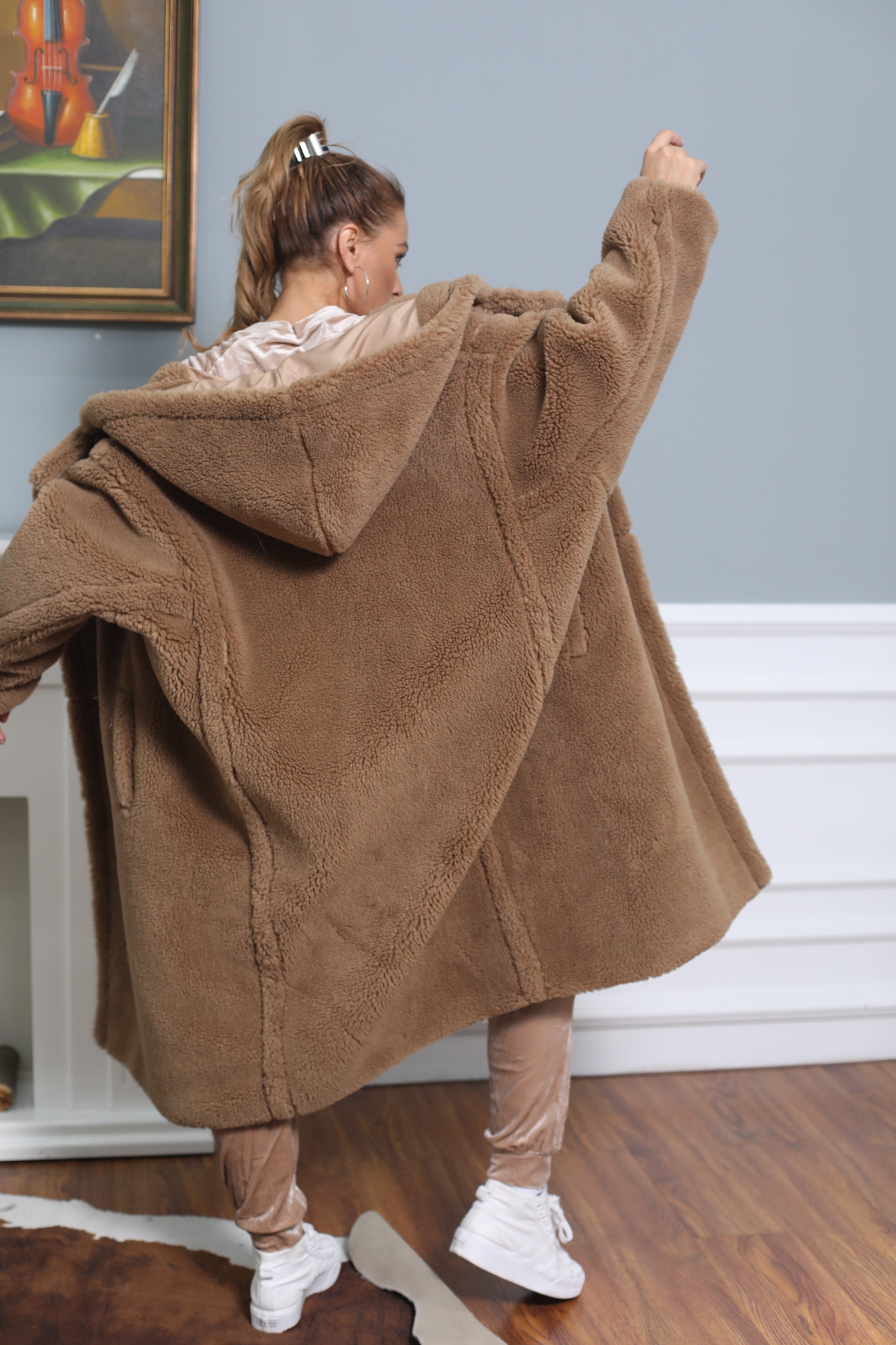 Women's Tan Hooded Teddy Fleece Long Coat with Double-Breasted Notched Lapel - Warm Winter Outerwear