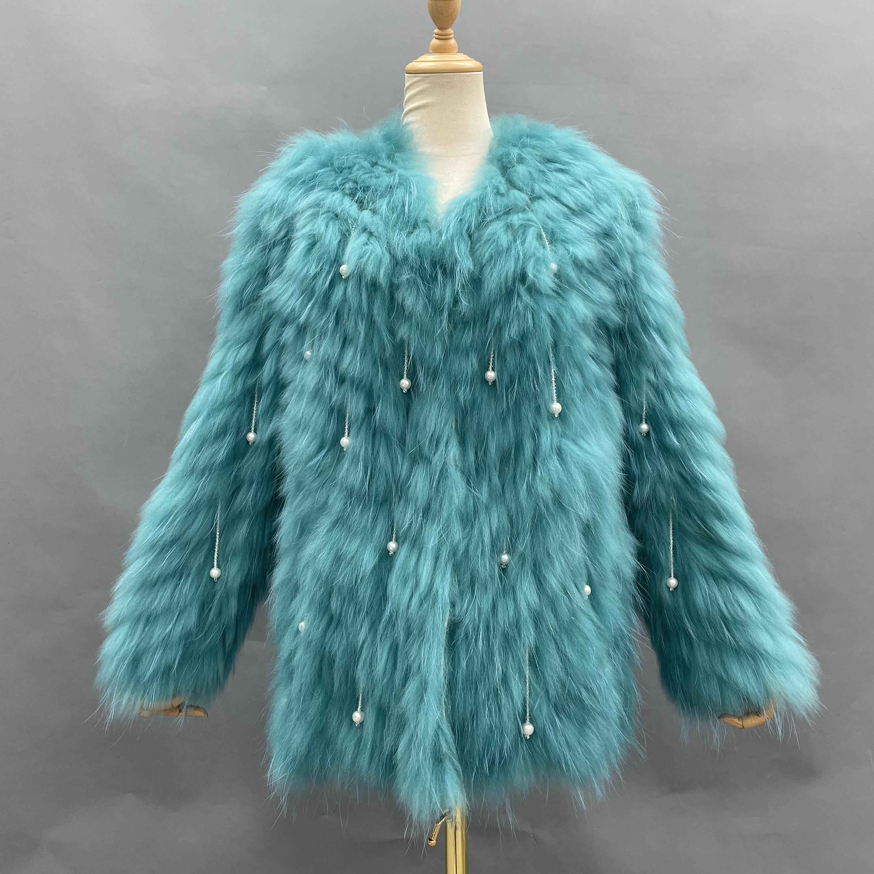 Women's Raccoon Fur Long Jacket - Pearl Tassel Party Statement Outerwear Turquoise F-CHEST 100