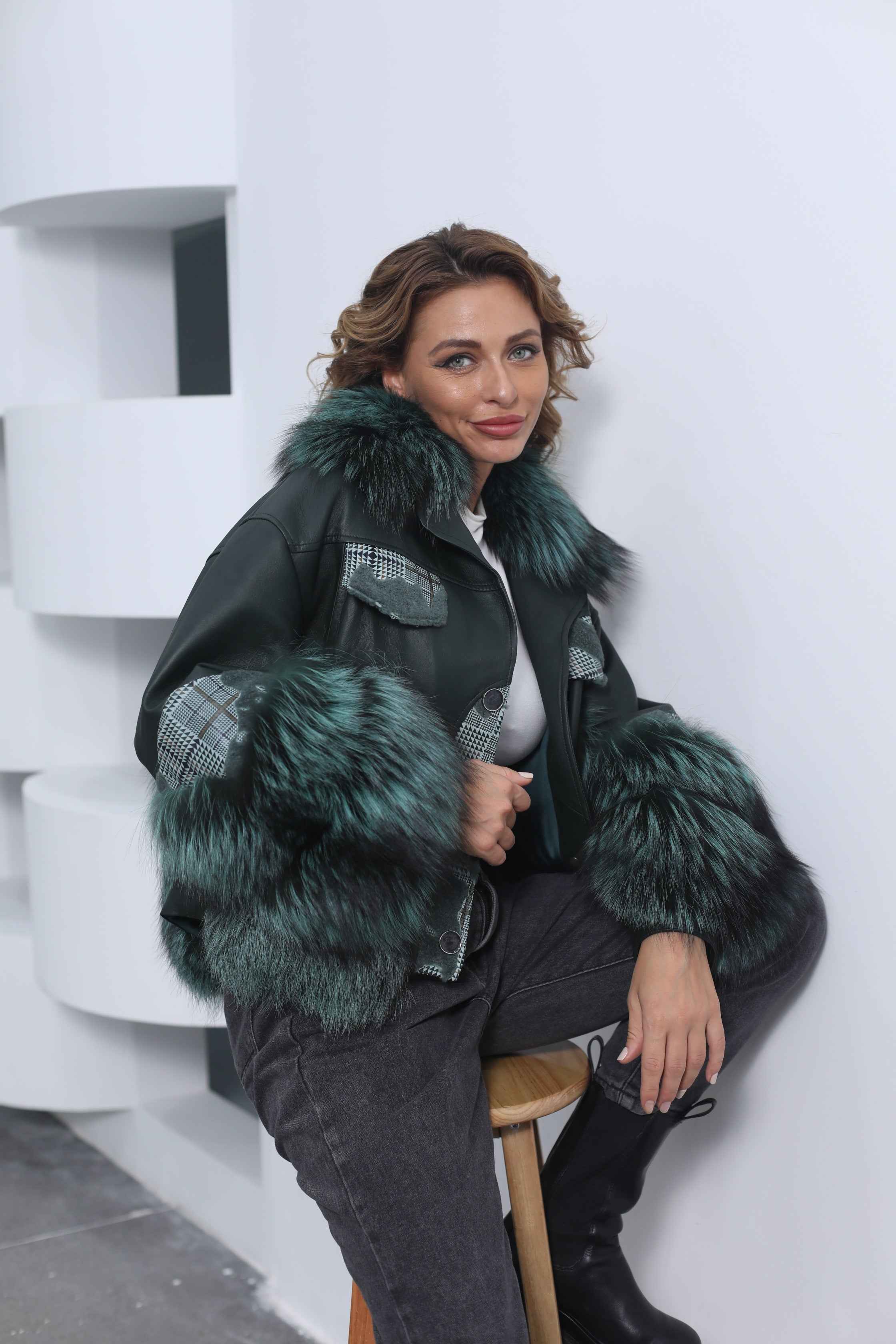 Women's Luxury Teal Fox Fur & Leather Patchwork Jacket - Plaid Detail Button Closure Cropped Winter Fashion Outerwear