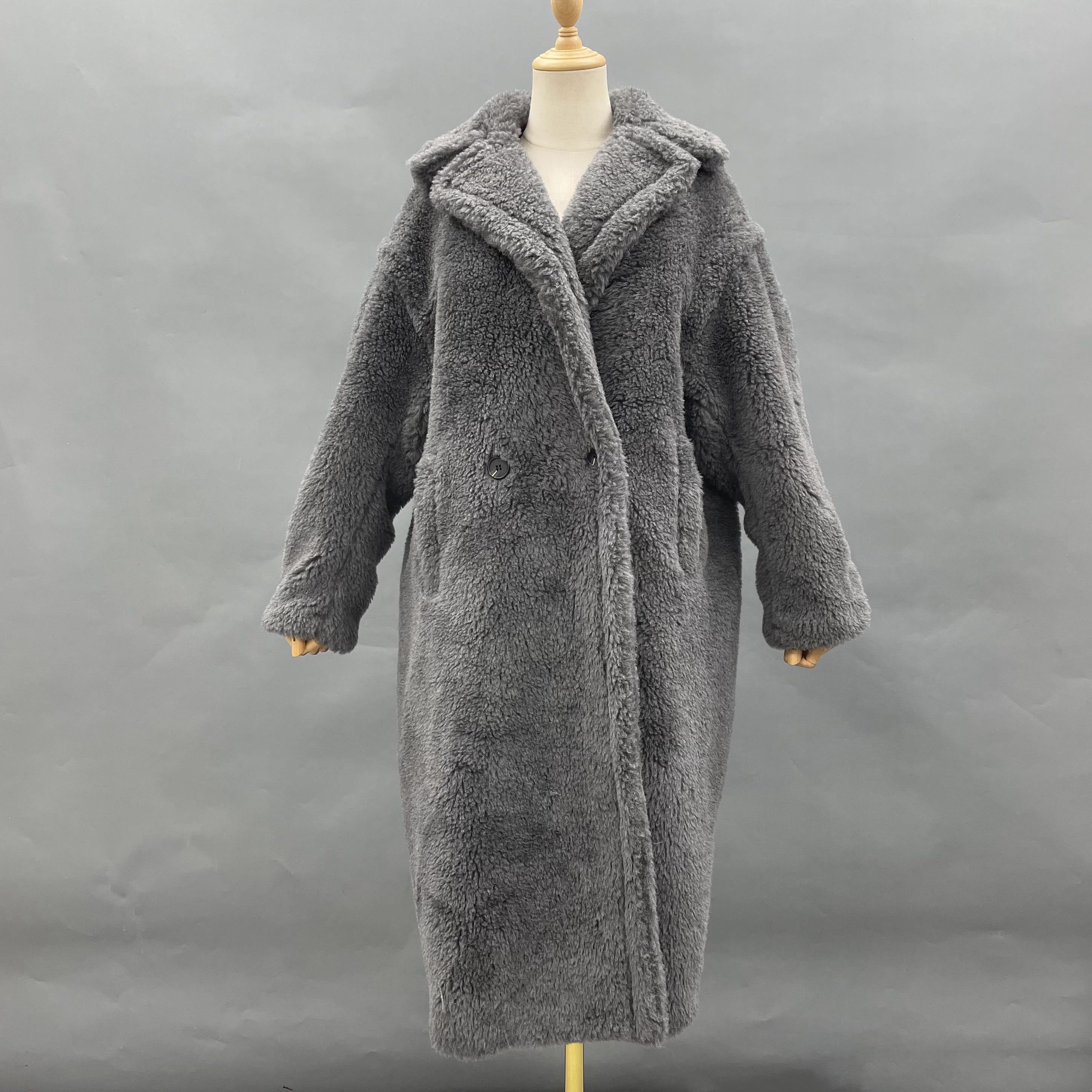 Women's Teddy Fleece Long Coat with Double-Breasted Notched Lapel - Luxe Winter Outerwear