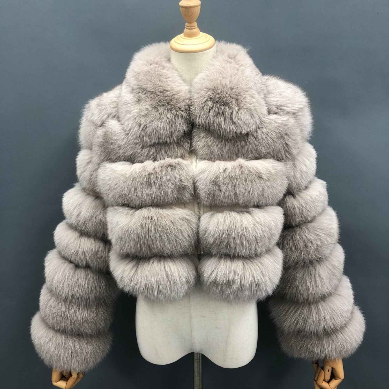 Women's Five Sections Zipper Fox Fur Coat Winter Coat Beige S-chest 92cm