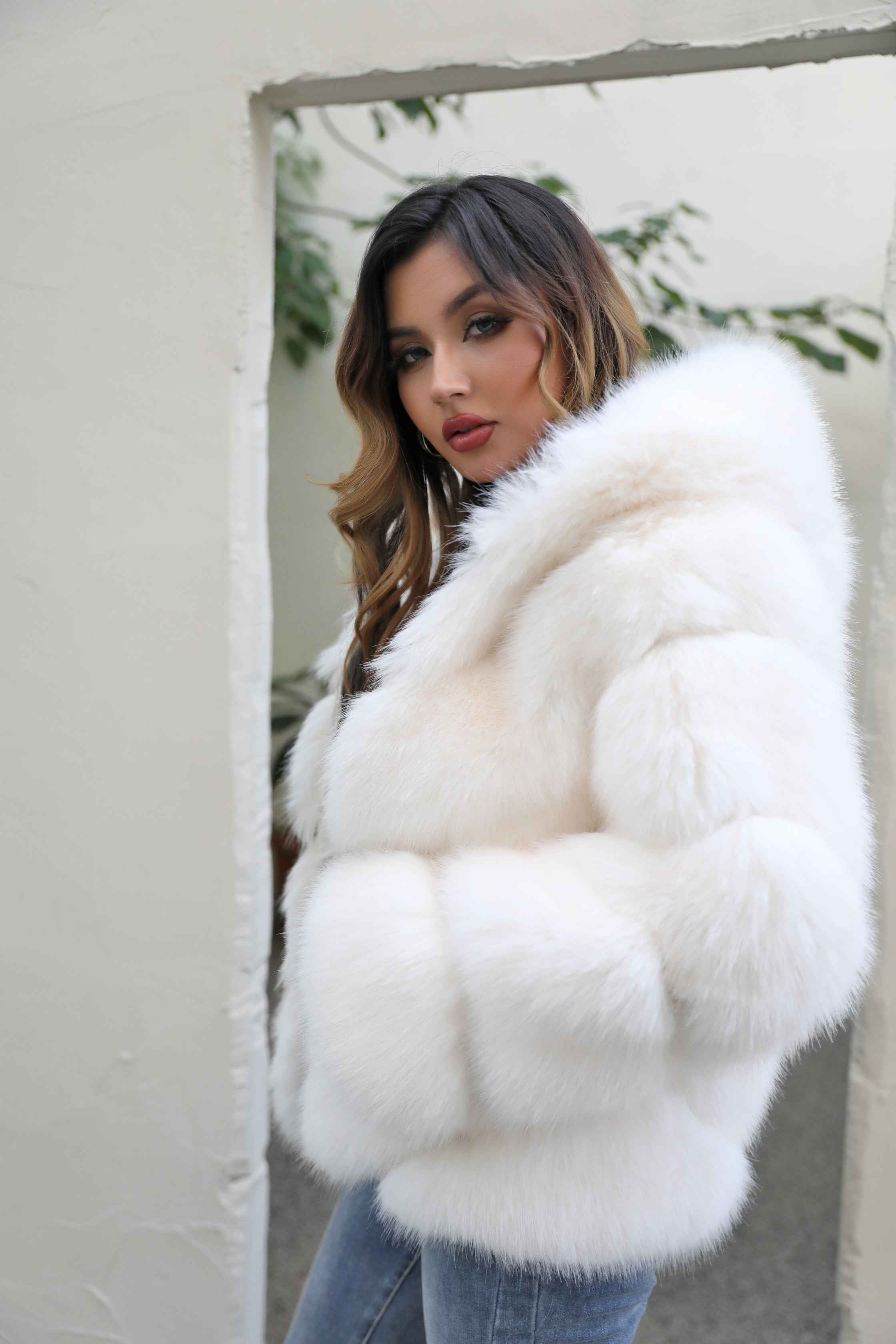 Women's 5-Panel Sleeve Hooded Faux Fur Coat with Diagonal Stripes - Highly Realistic Luxury Winter Outerwear