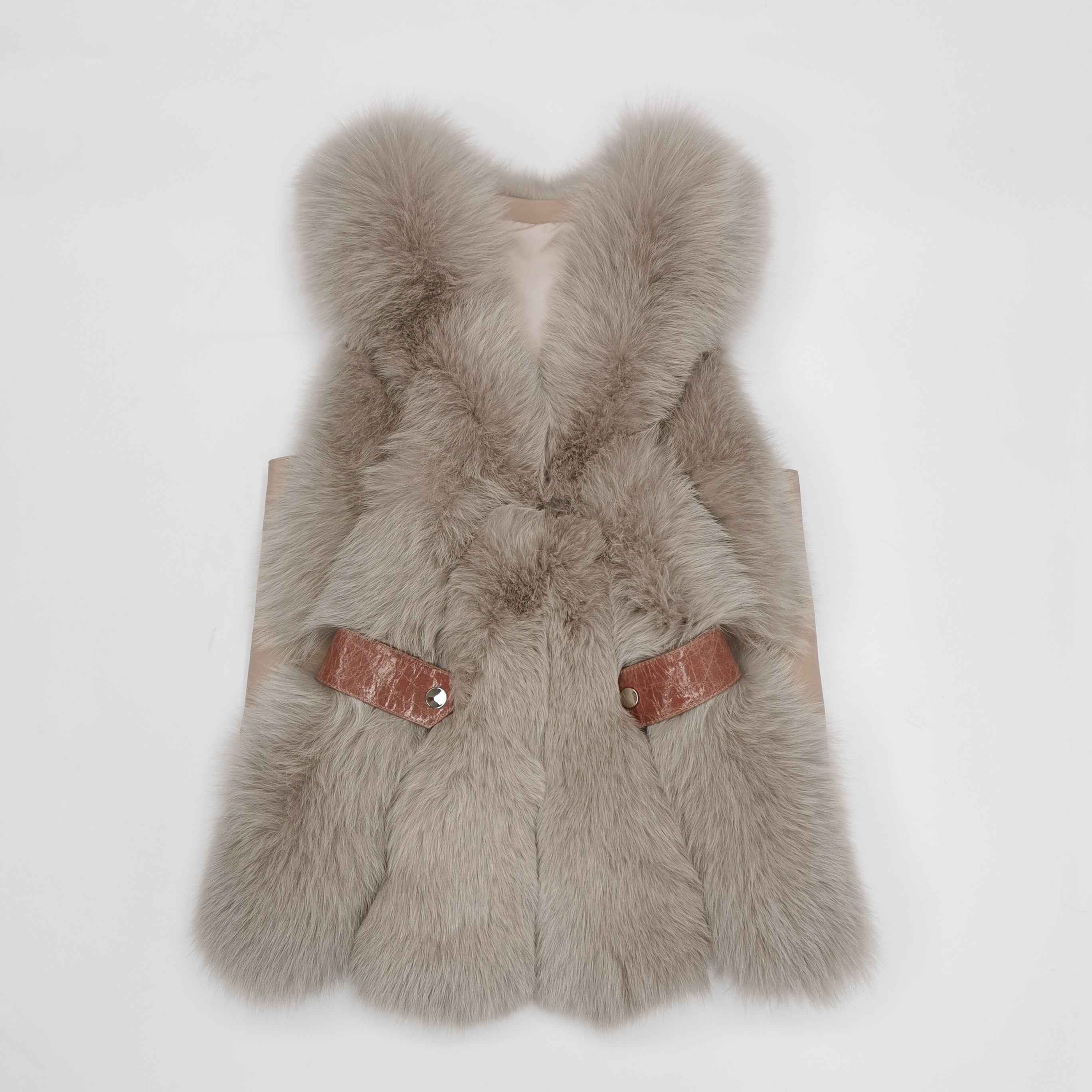 Women's Fox Fur Vest with Leather Loop Detail - Relaxed Style Outerwear Brown
