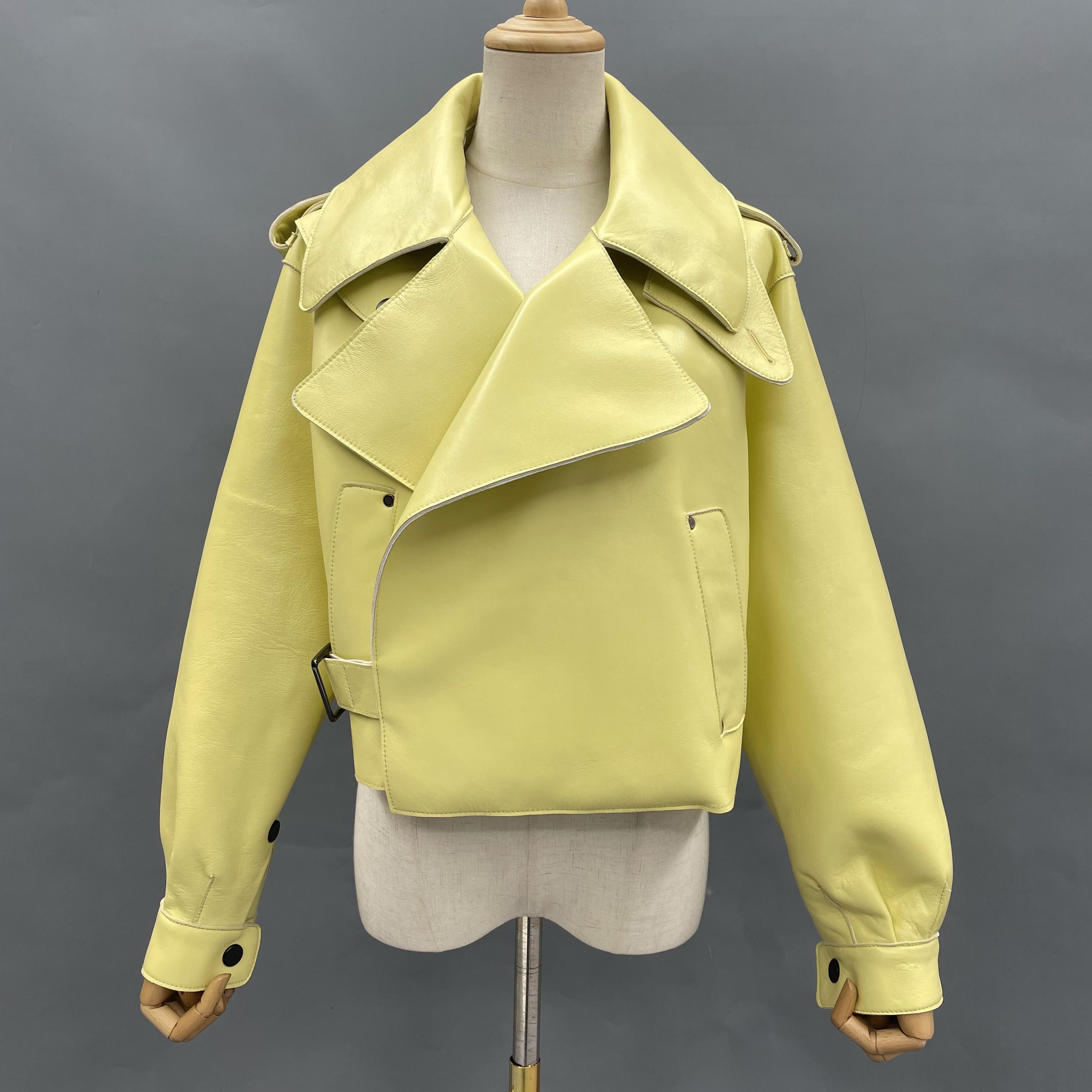 Women's Bright Green Faux Leather Biker Jacket with Wide Lapel, Slant Pockets & Belted Detail - Edgy Street Style Outerwear