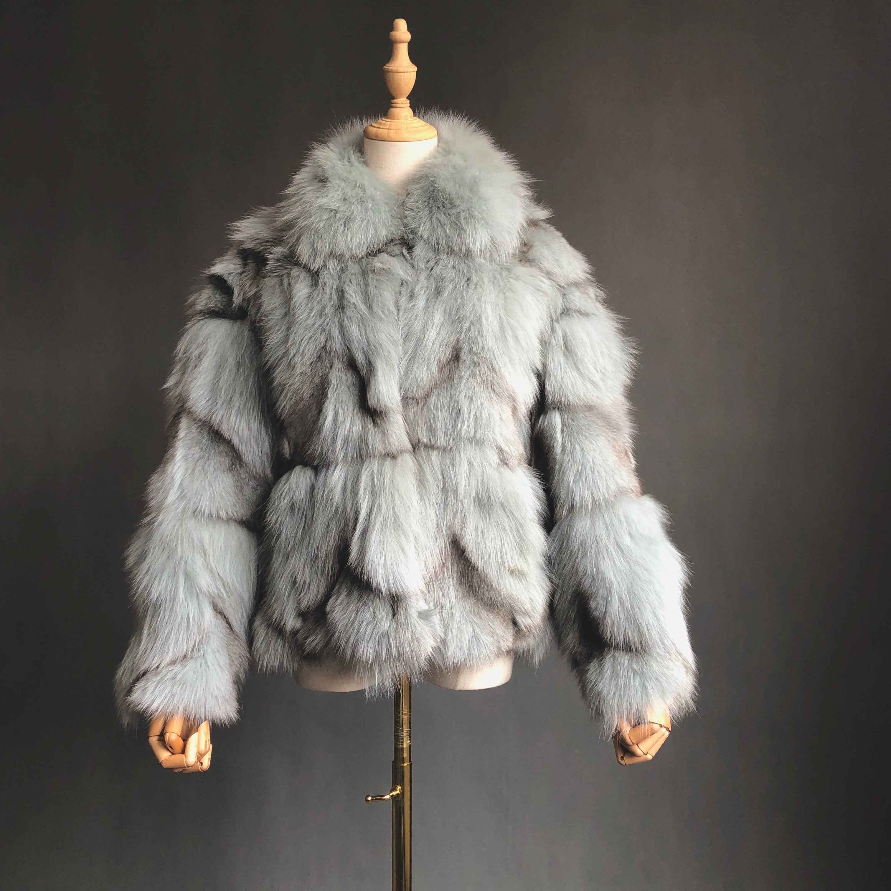 Genuine Fox Plum Leg Fur Long Coat - Winter Warm JANEFUR Gray