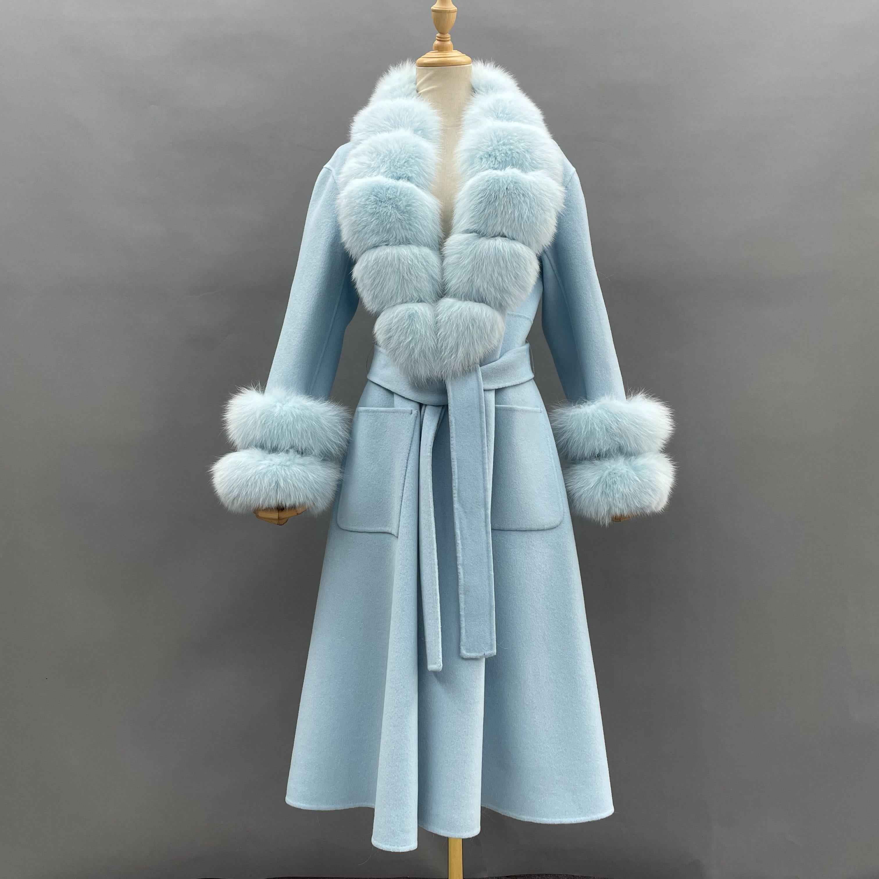 Women's Luxury Double - Faced Wool Coat with Segmented Fox Fur Collar, Two - Section Cuffs, Flared Skirt & Belt Light Blue
