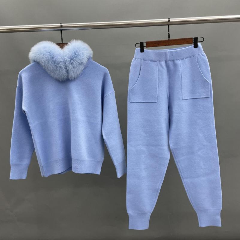 Knitted Sweater Suit With Fox Fur Collar Blue F-chest 110cm