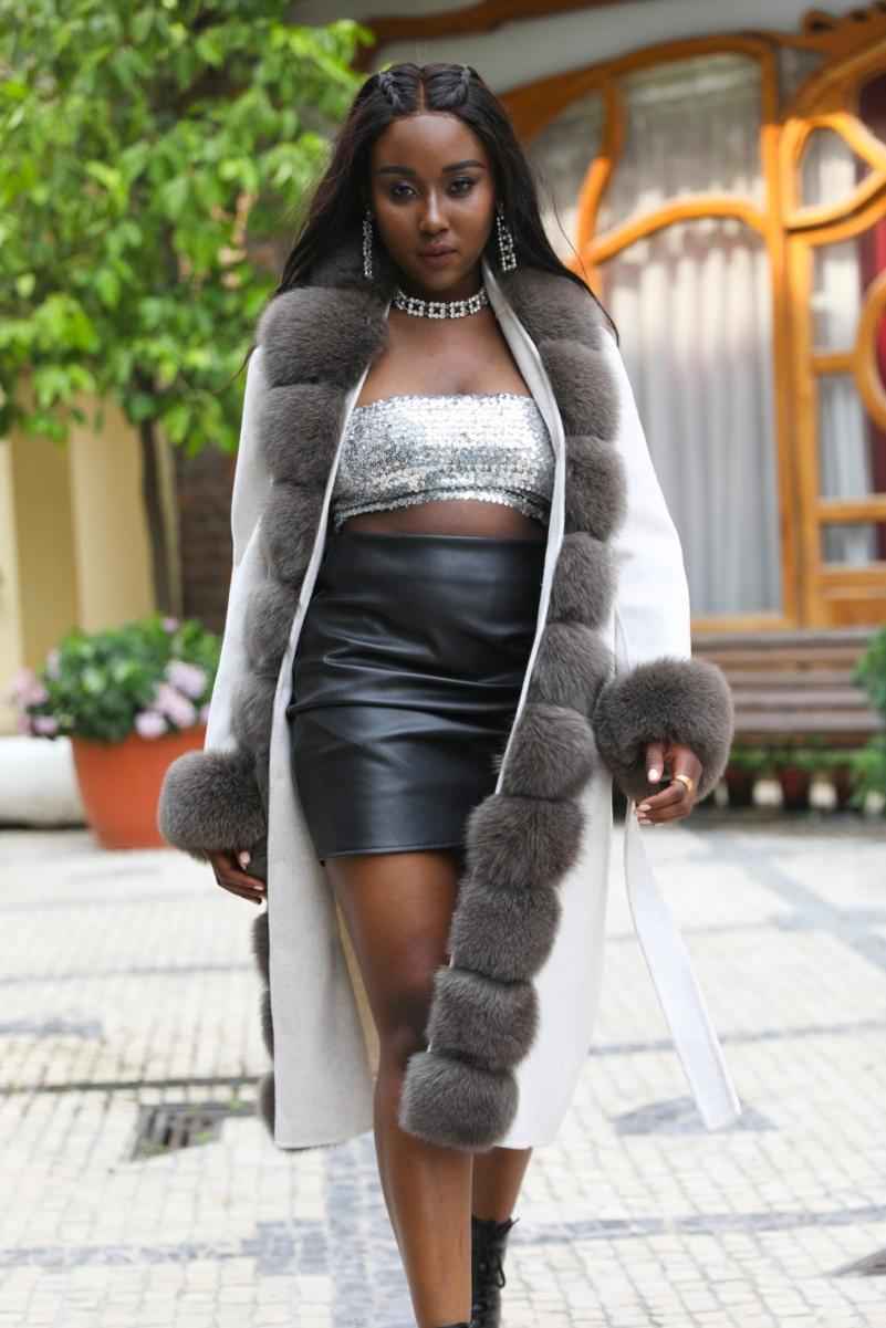 Segmented Fox Fur Front Wool Coat with Fur Cuffs