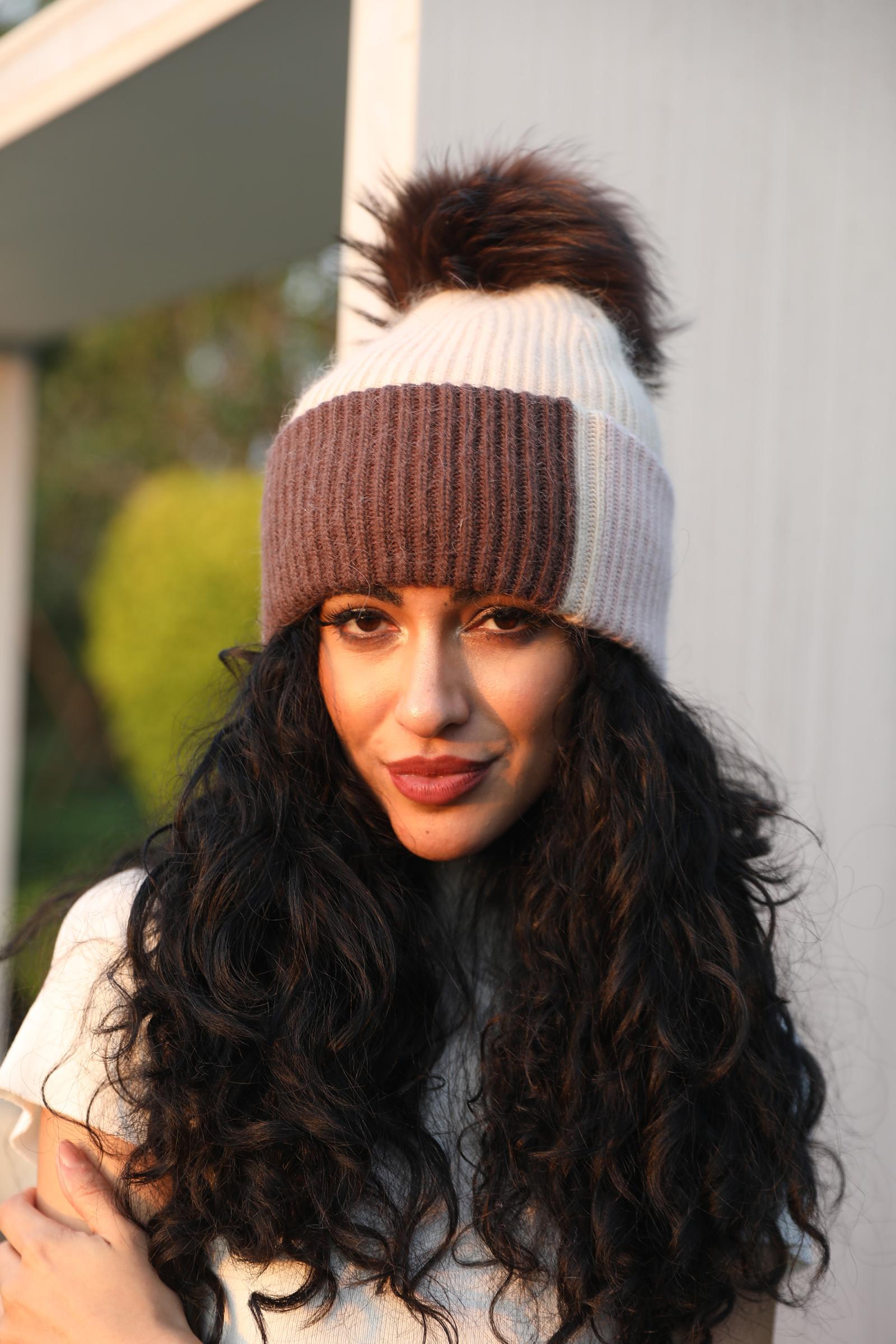 Women's Color-Blocked Trendy Angora Wool Hat with Pom Poms for Warmth