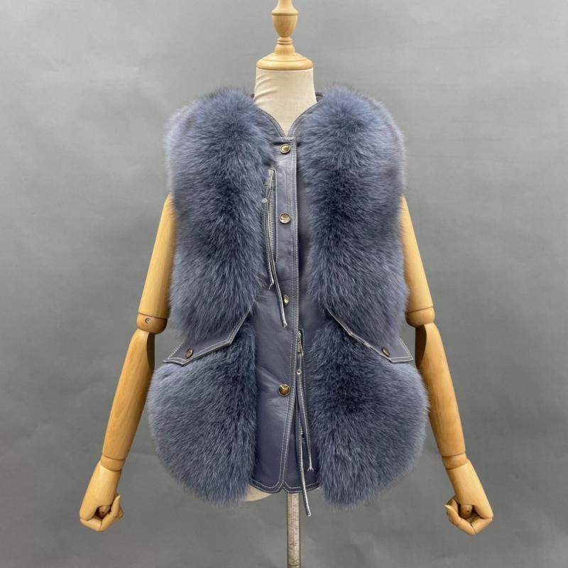 Zipper Decorated Leather Front Fox Fur Vest Grey Blue