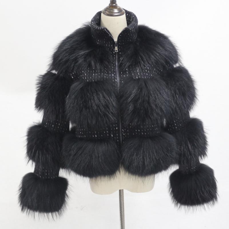 Fashion Women's Short Chanel Style Raccoon Fur Layered Coat Black
