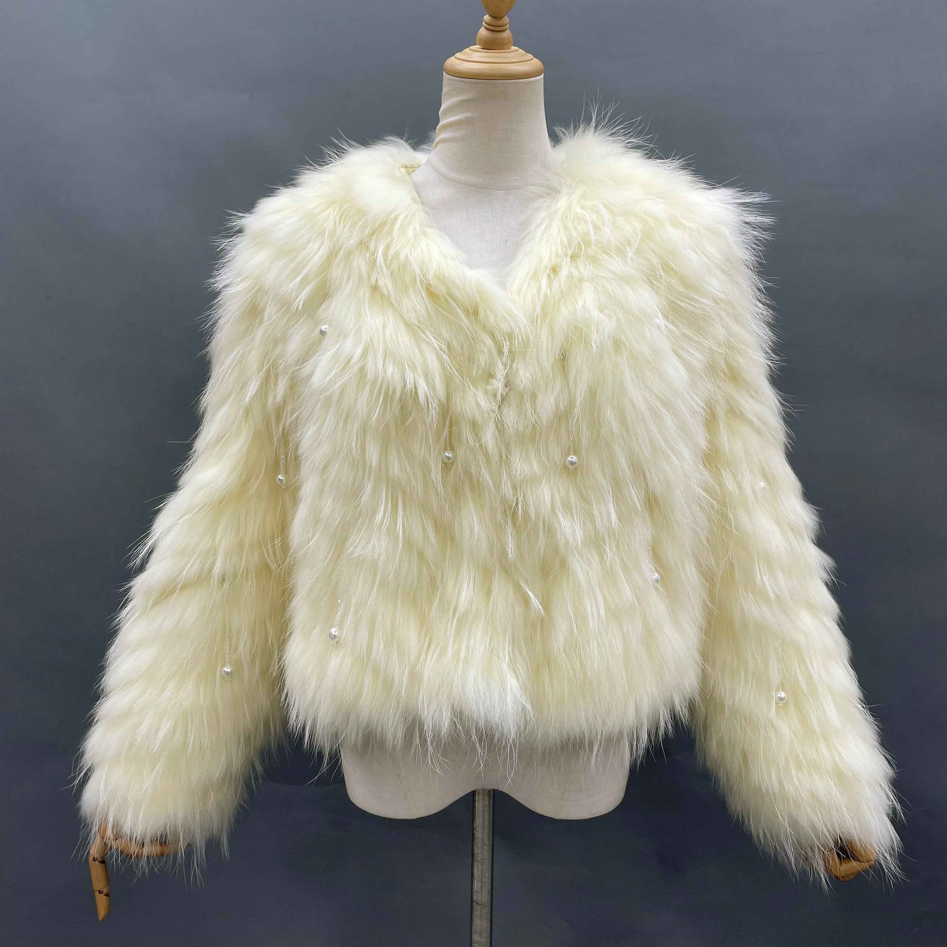 Women's Glam Turquoise Raccoon Fur Jacket - Pearl Tassel Striped Cropped Party Outerwear Light Yellow F-CHEST 100