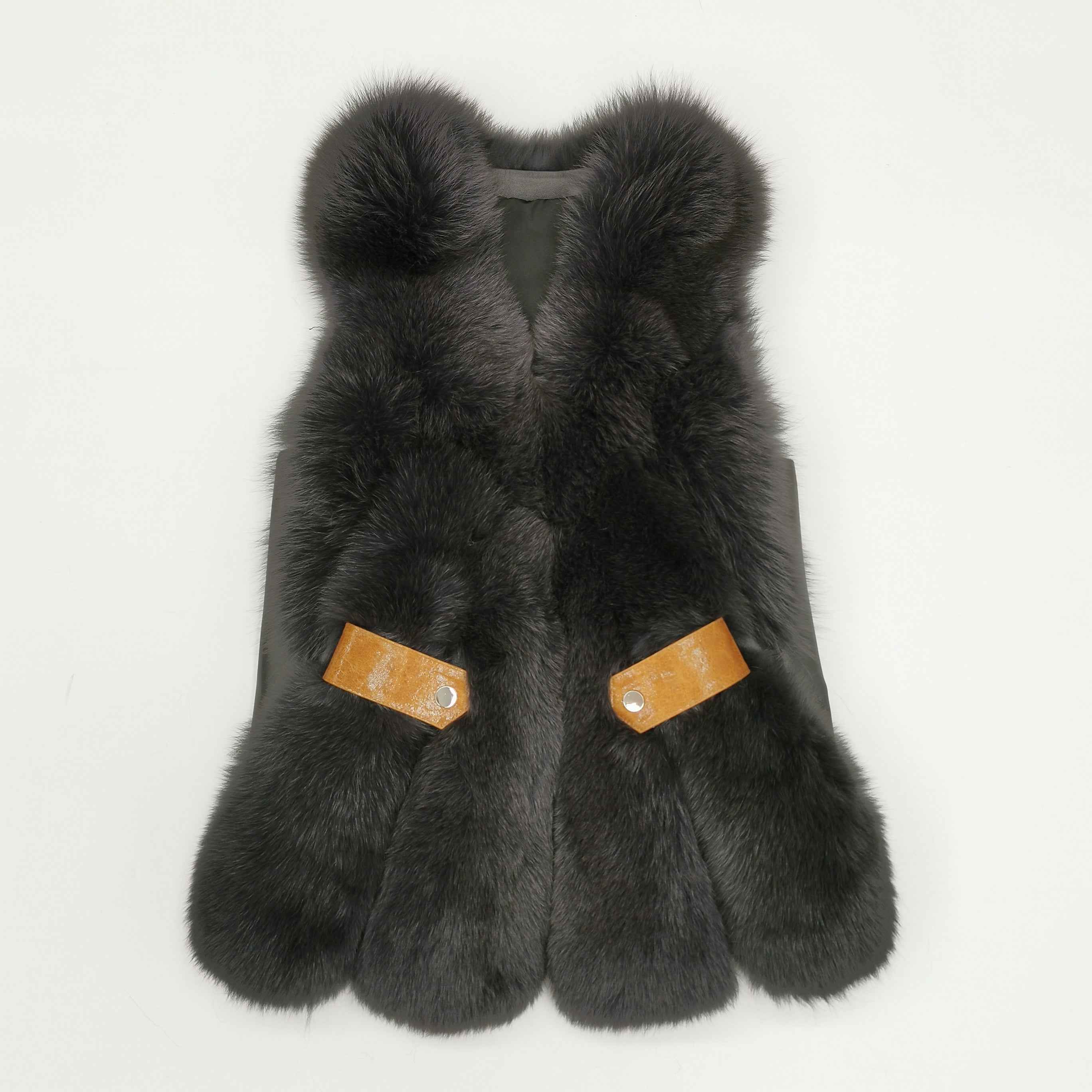 Women's Fox Fur Vest with Leather Loop Detail - Relaxed Style Outerwear Black