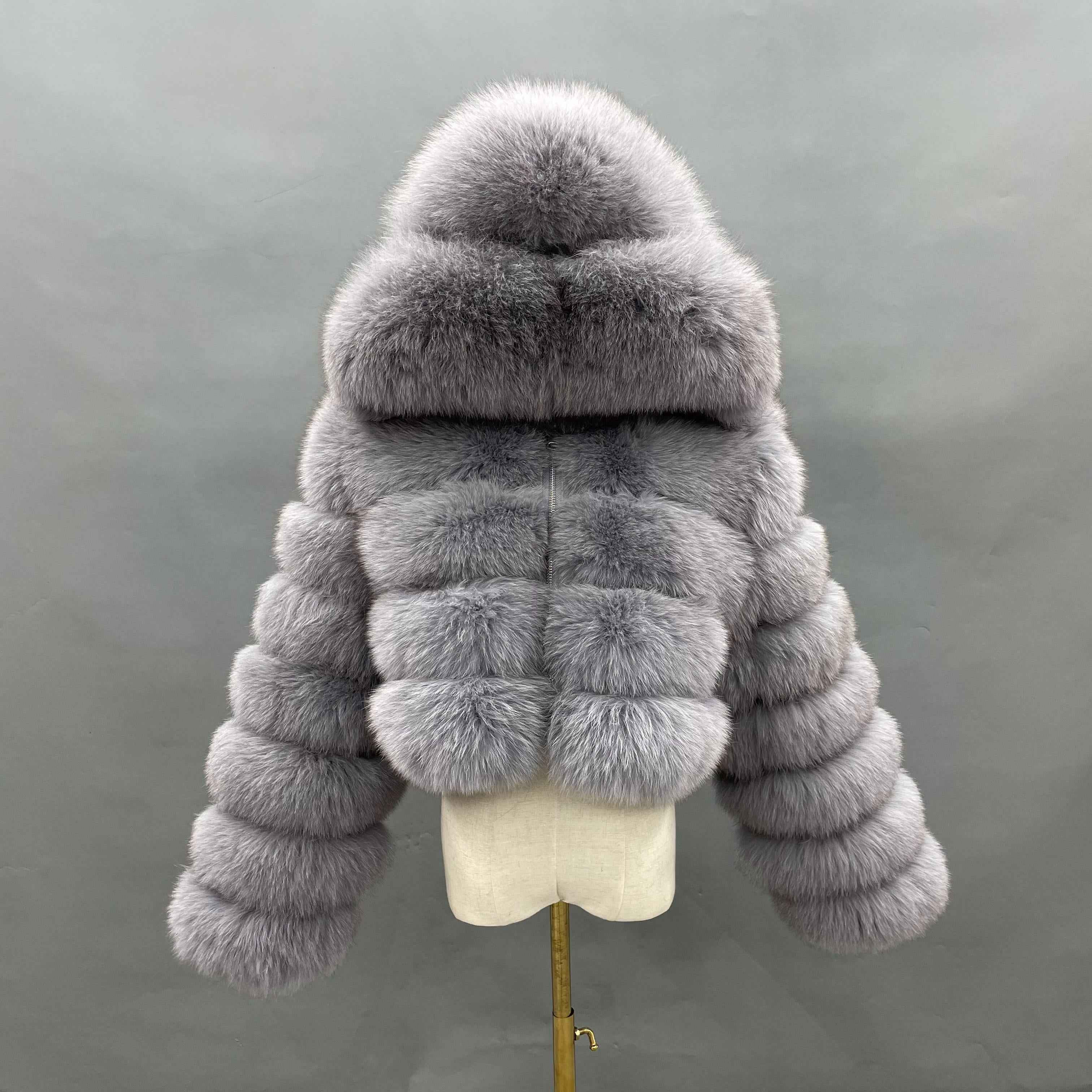 Women's Premium Fox Fur Cropped Hooded Jacket - 3-Panel Body & 6-Panel Sleeves with Zipper Closure Winter Fashion Warm Coat Sliver