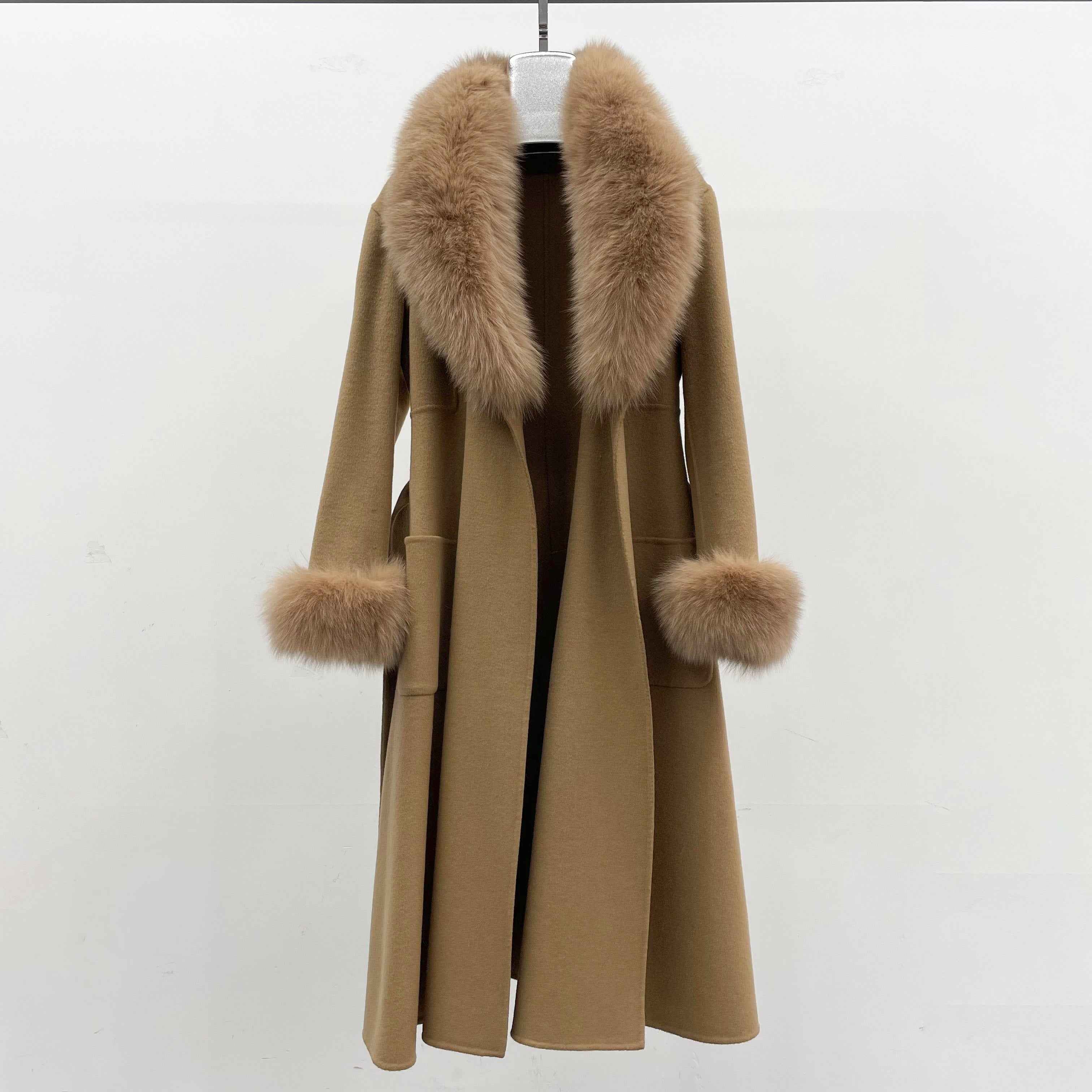Women's Luxury Double - Faced Wool Coat with Fox Fur Collar, Flared Skirt & Straight Pockets, Elegant Winter Outerwear