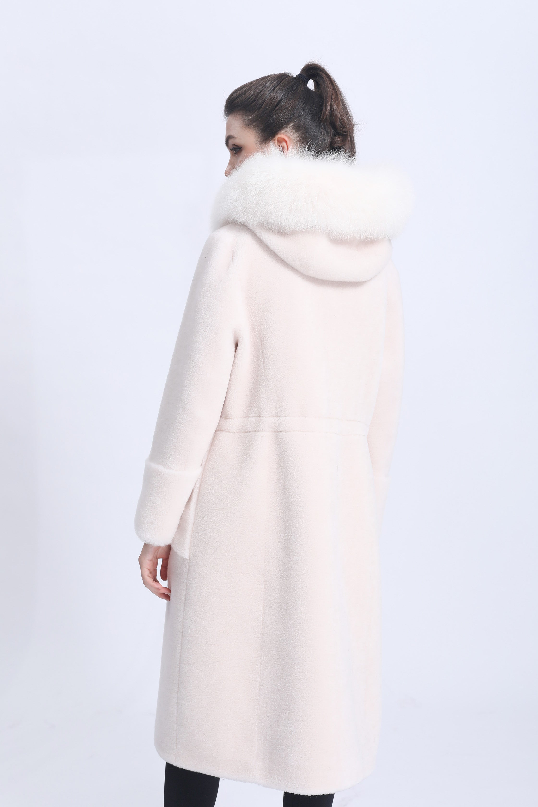 Women's Shearling Long Coat with Hood, Pearl Buttons & Fox Fur Trim - Luxurious Winter Outerwear
