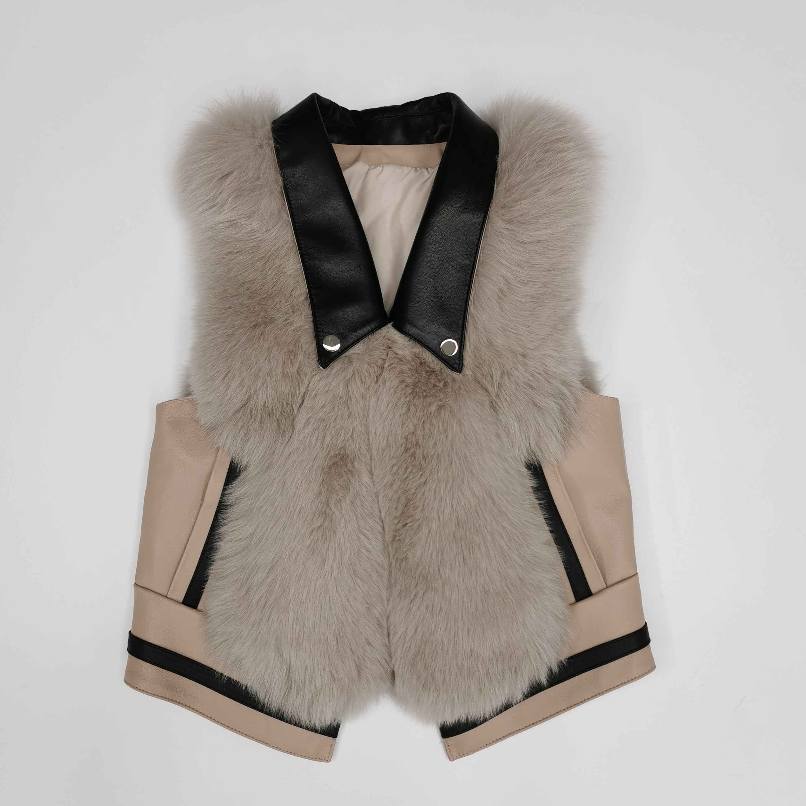 Women's Designer Fox Fur Vest - Notched Lapel Patch Pocket Outerwear Light Brown