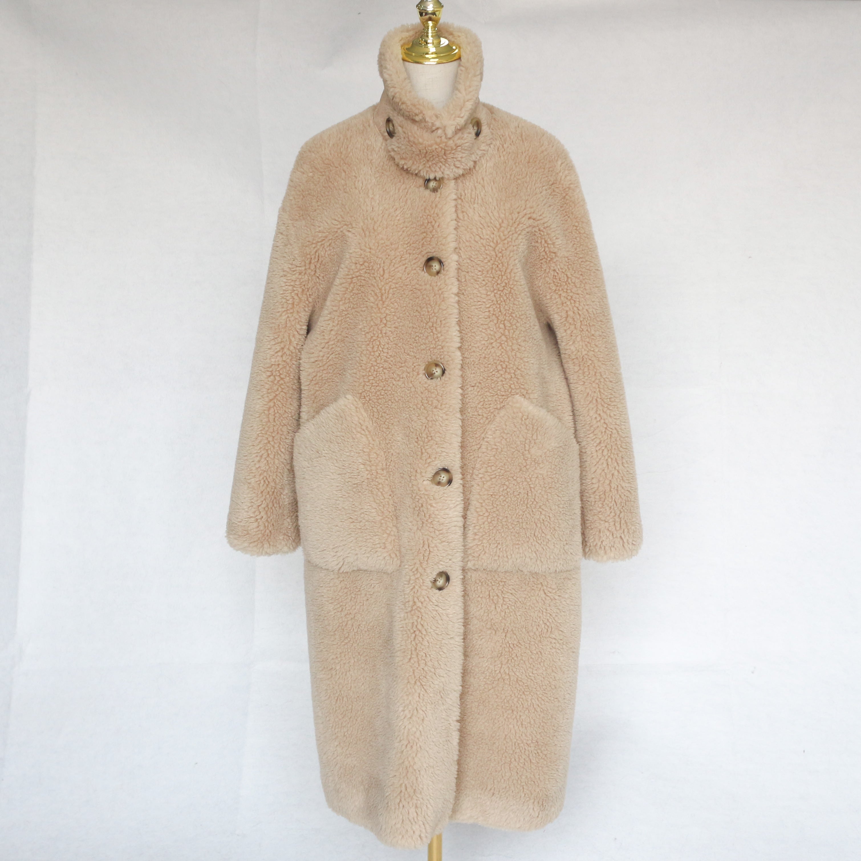 Women's Red Long Sheepskin Shearling Coat with Stand Collar & Button Front - Warm Winter Outerwear