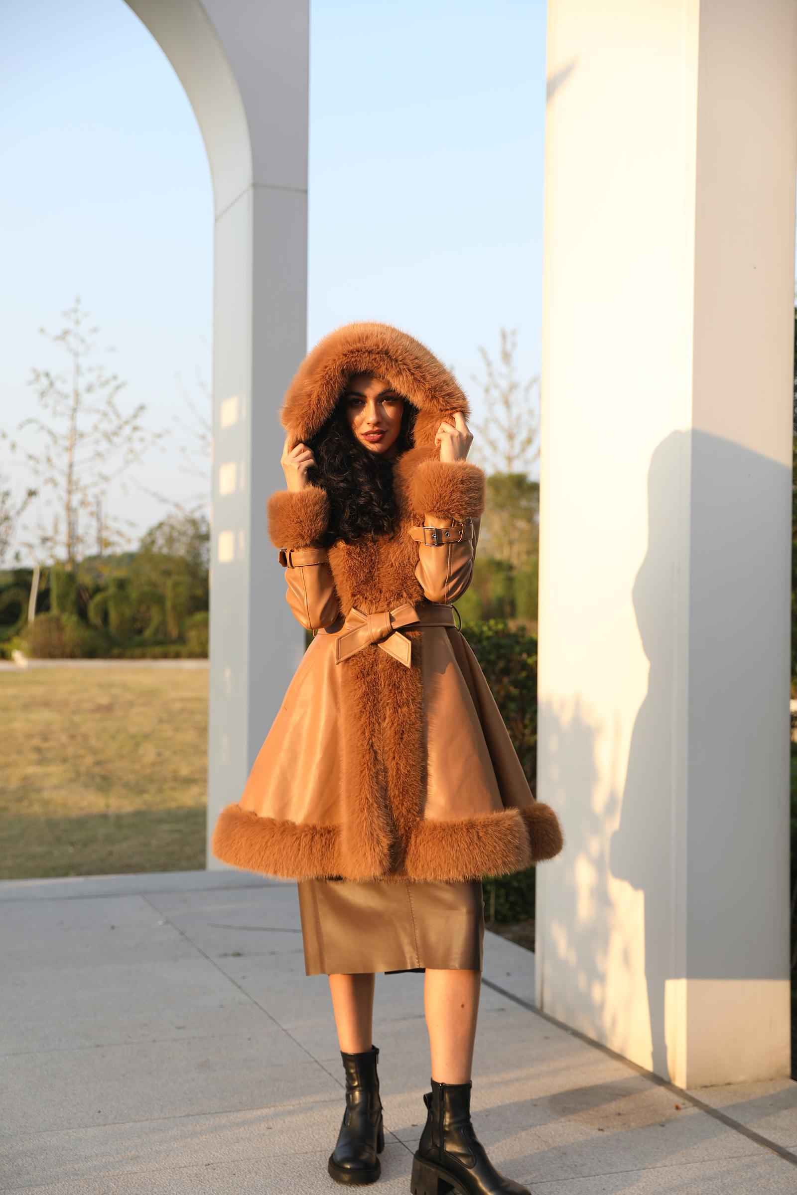 Eco-Friendly Leather and Fur Women's Long Belted Hooded Coat