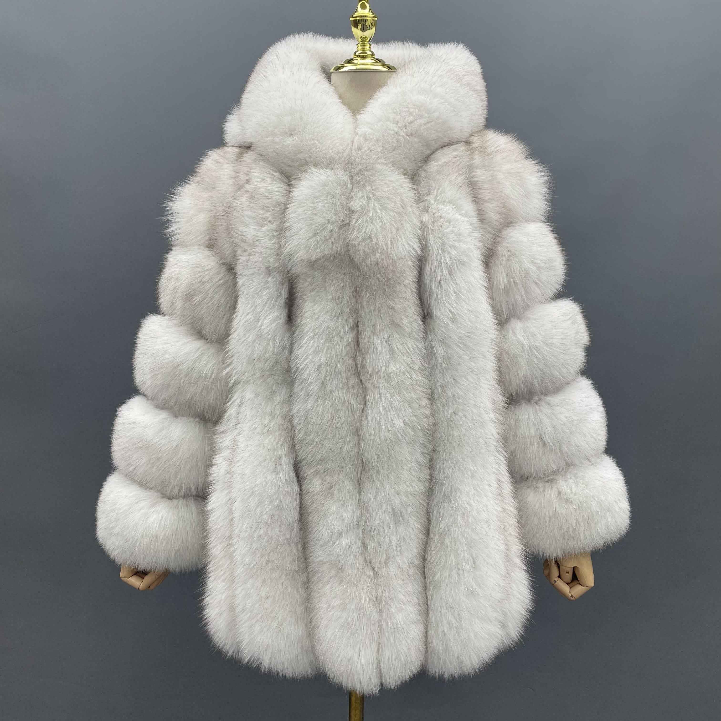 Women's Luxury White Fox Fur Hooded Coat - Vertical Stripe Body & 5-Panel Sleeves Winter Warm Jacket