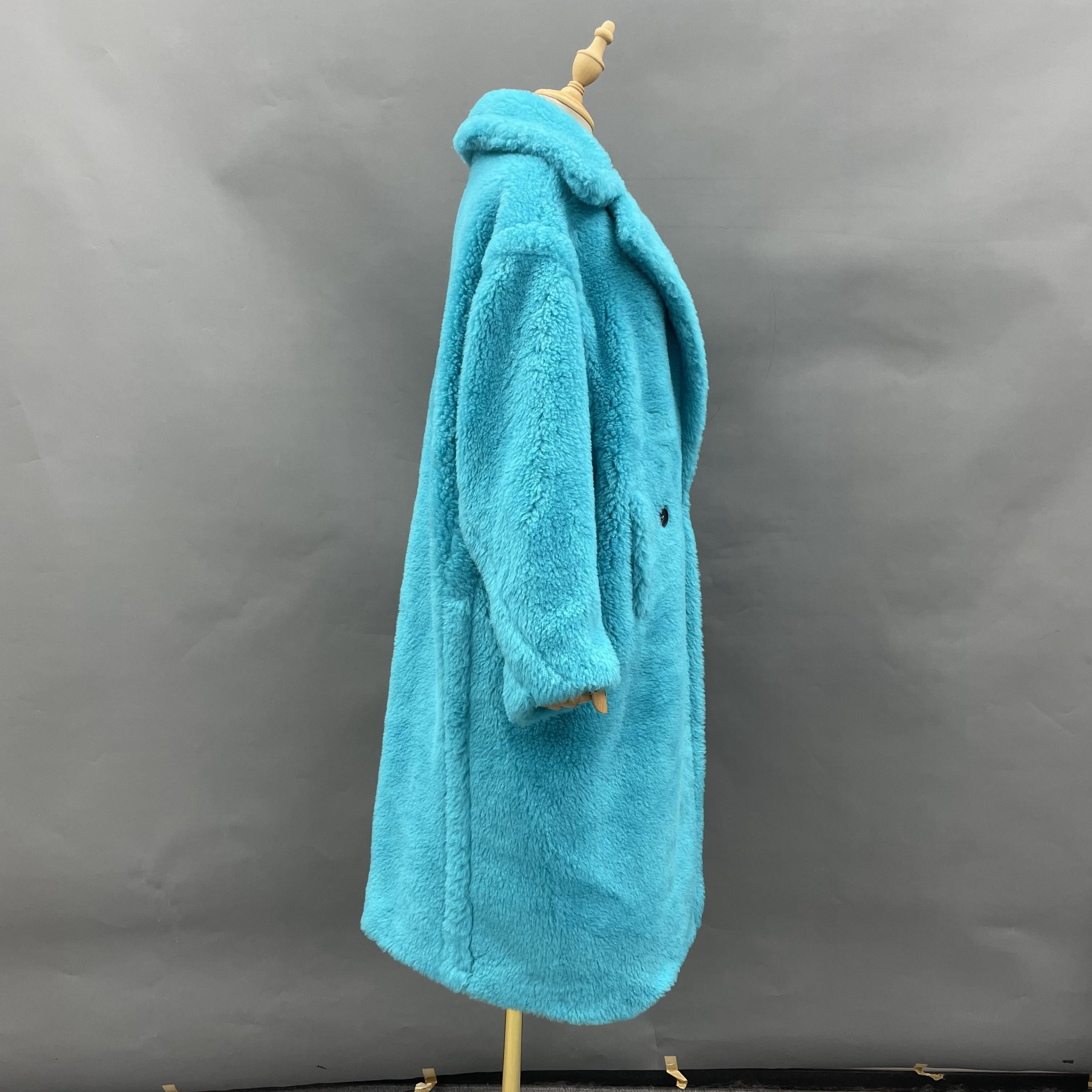 Women's Teddy Fleece Long Coat with Double-Breasted Notched Lapel - Luxe Winter Outerwear