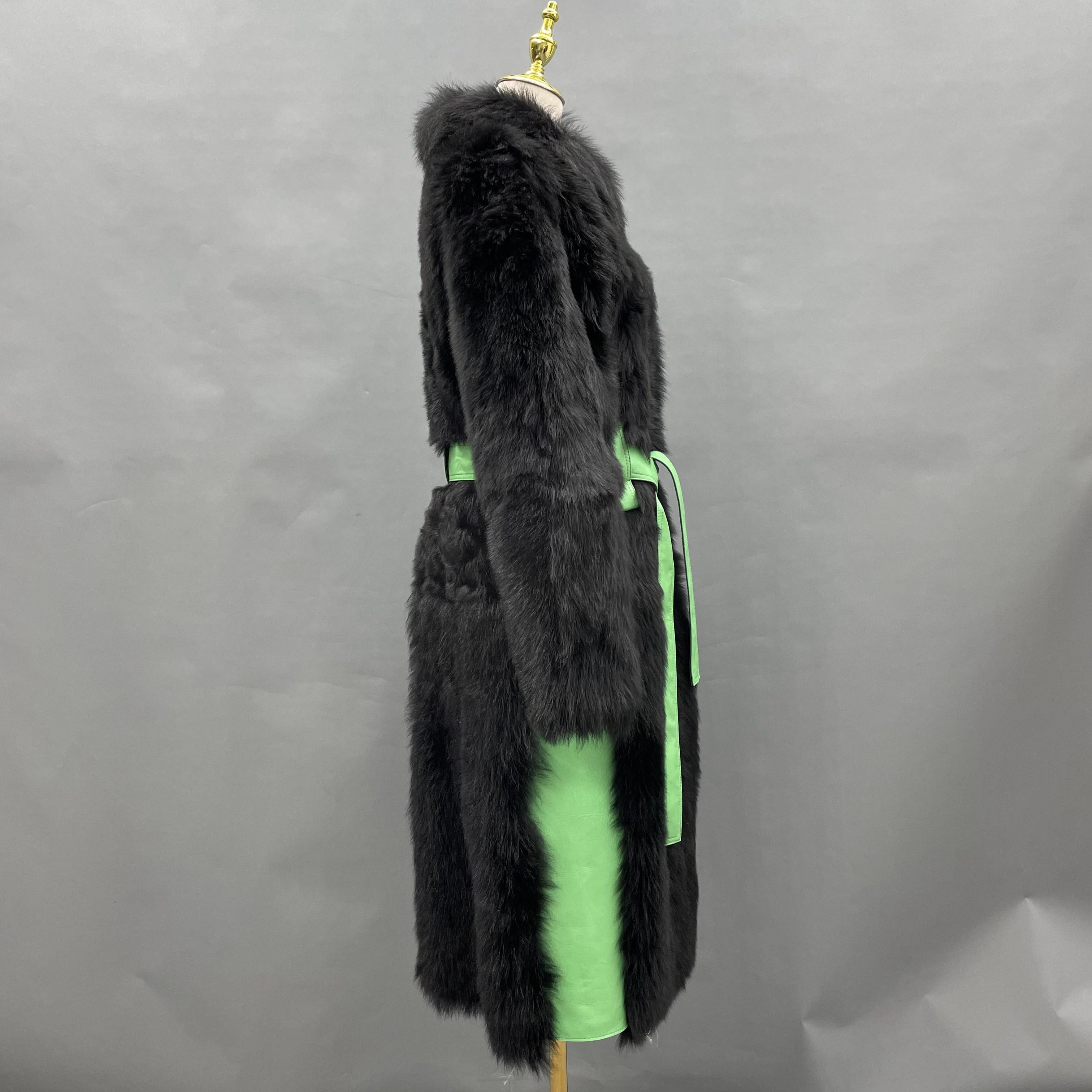 Women's Black Shearling Long Coat with Lime Green Leather Accents & Belted Waist - Luxe Winter Outerwear