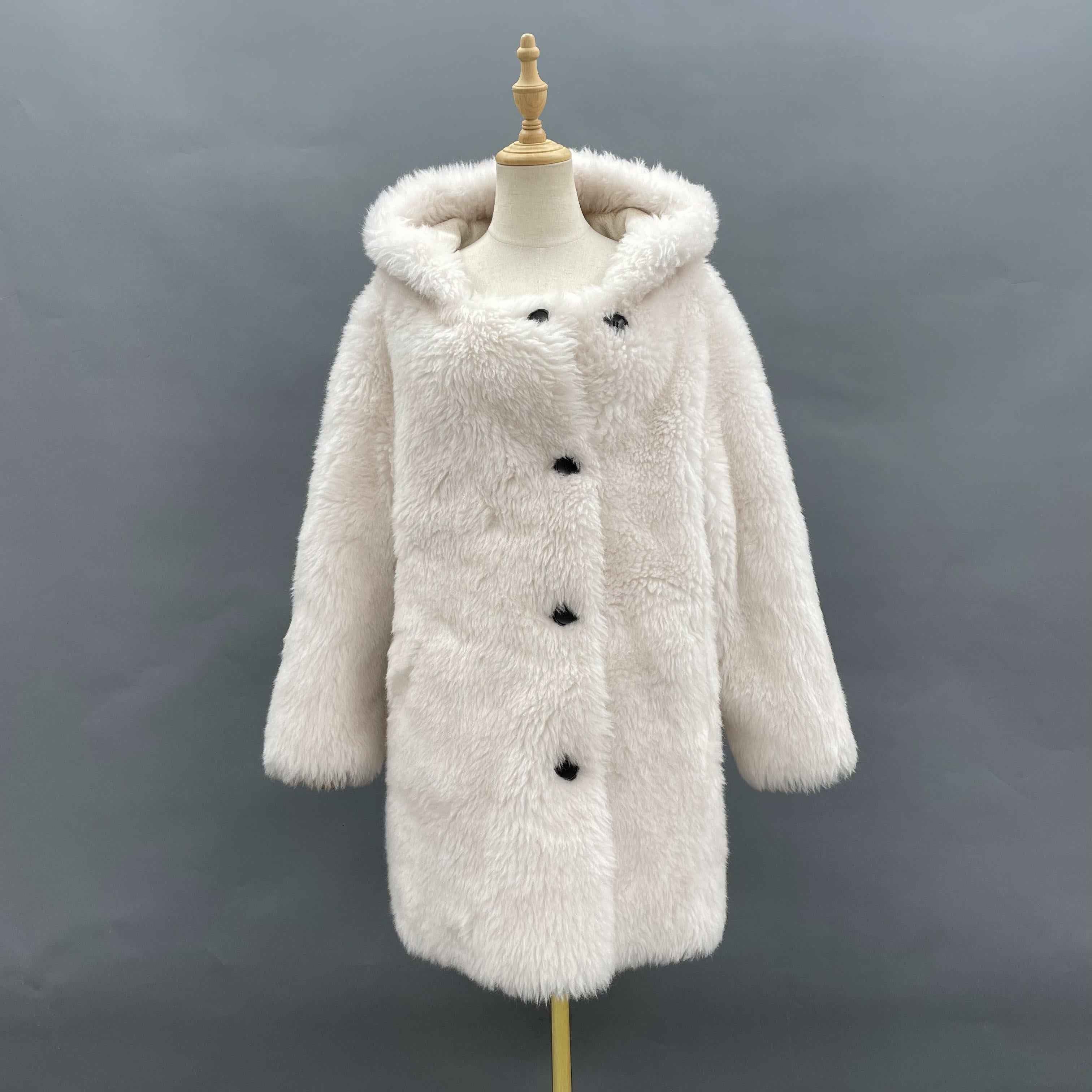 Women's White Hooded Long Sheepskin Shearling Coat - Casual Winter Outerwear
