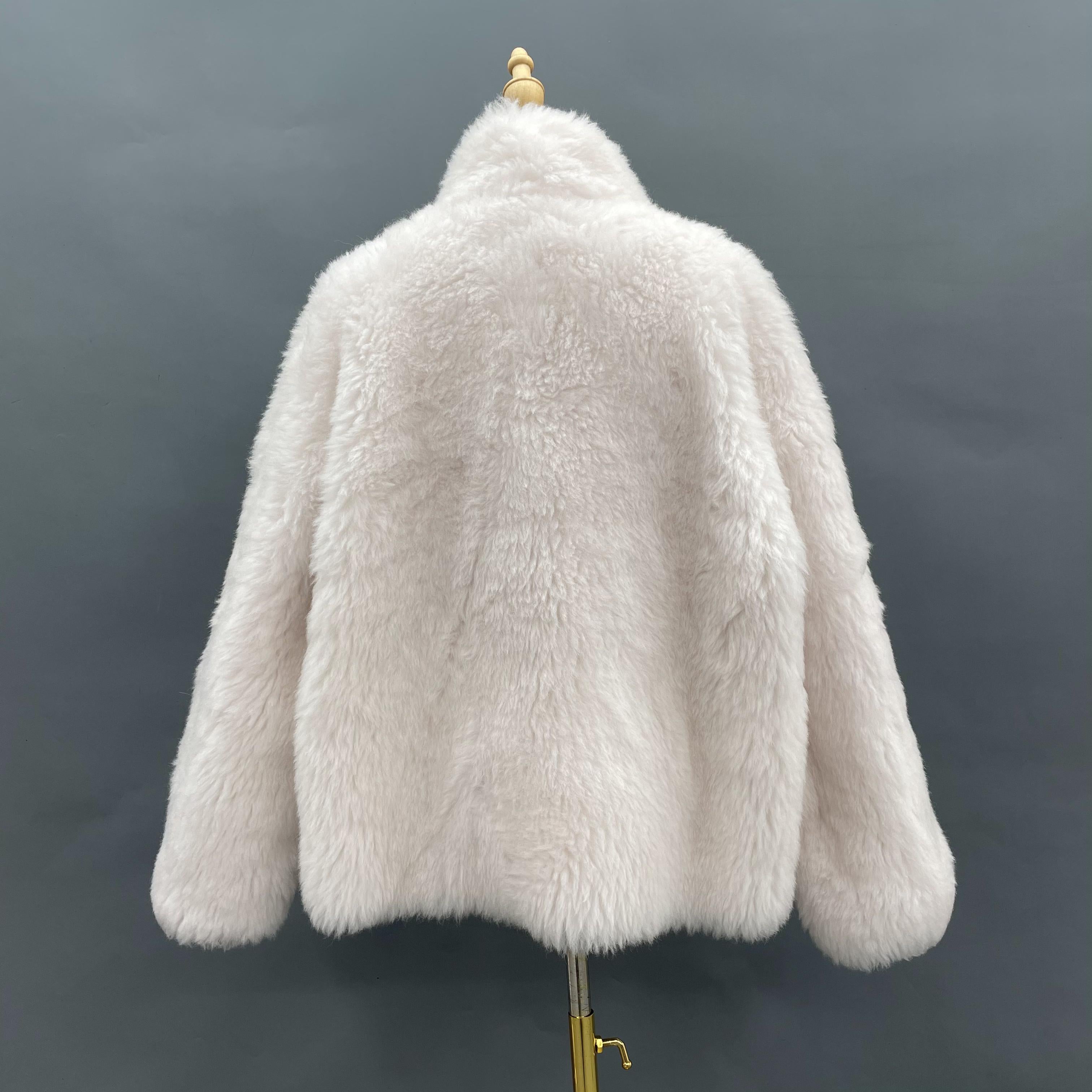 Women's White Sheepskin Shearling Jacket with Pearl Buttons & Stand Collar - Luxe Winter Outerwear