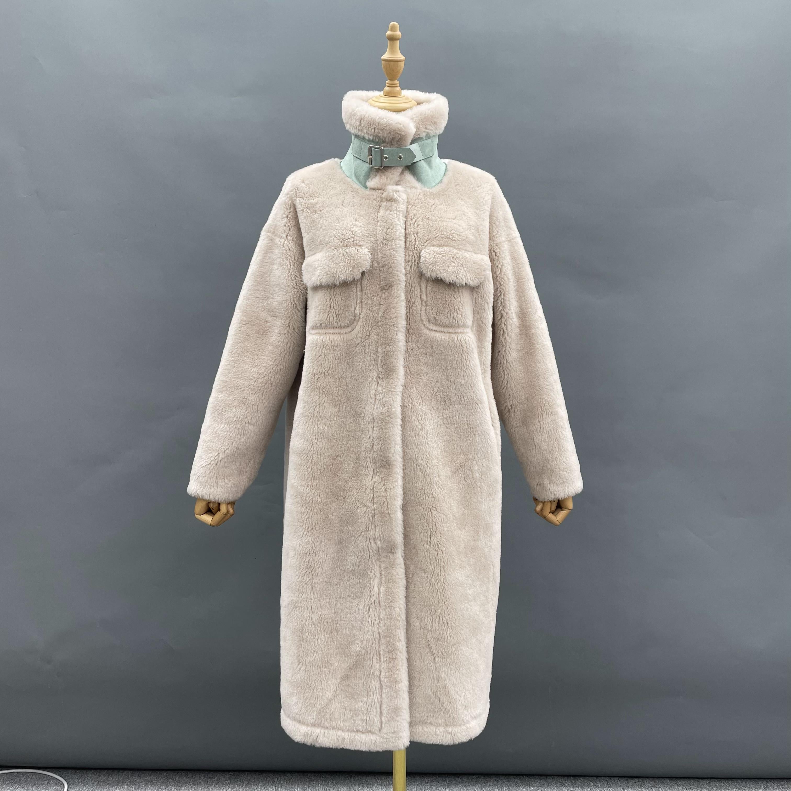 Women's Milky Tea Shearling Coat with Faux Chest Pockets & Notched Lapel - Luxe Winter Outerwear