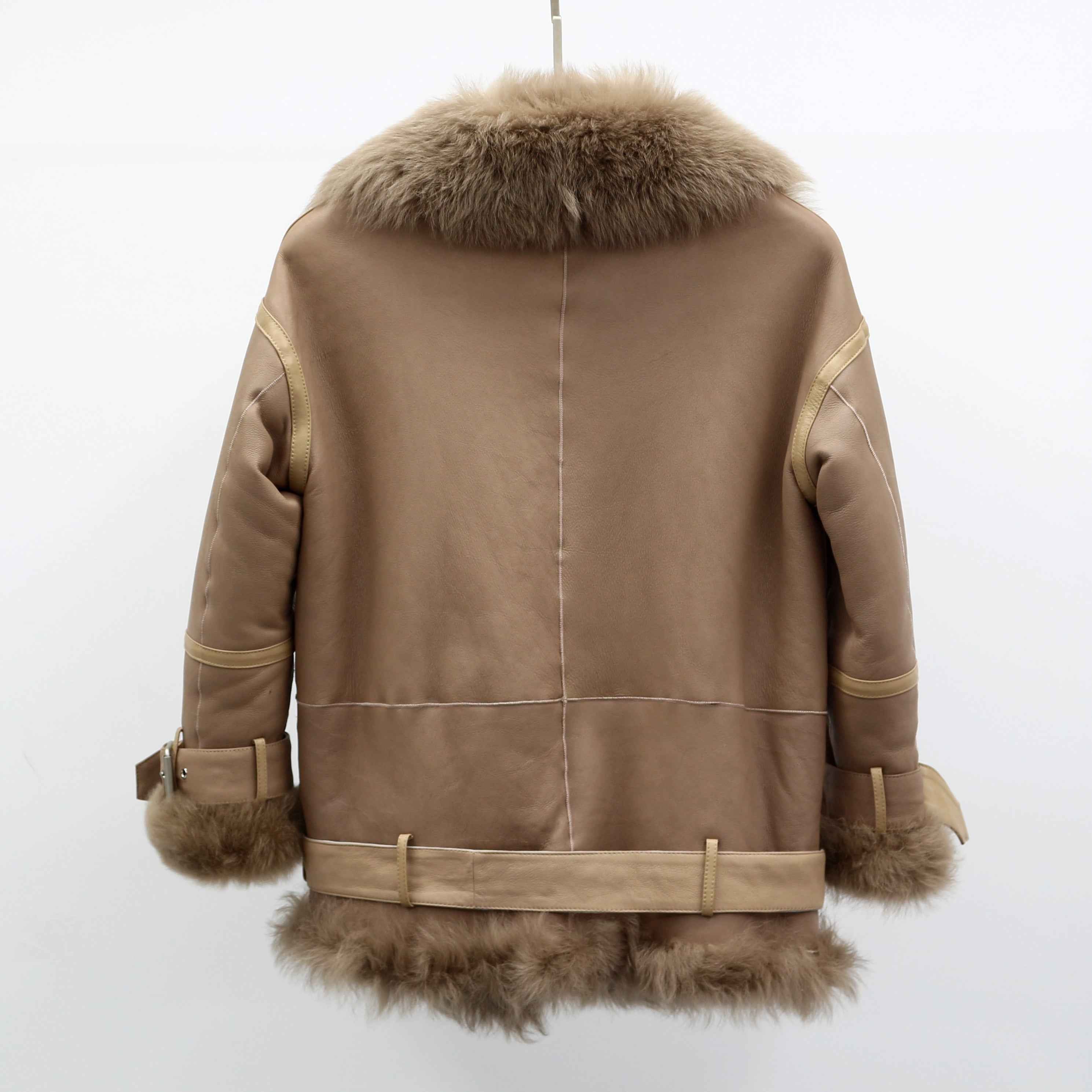 Women's Shearling Leather Jacket with Fox Fur Collar, Leather Buckle Detail at Hem & Cuffs - Luxe Winter Outerwear