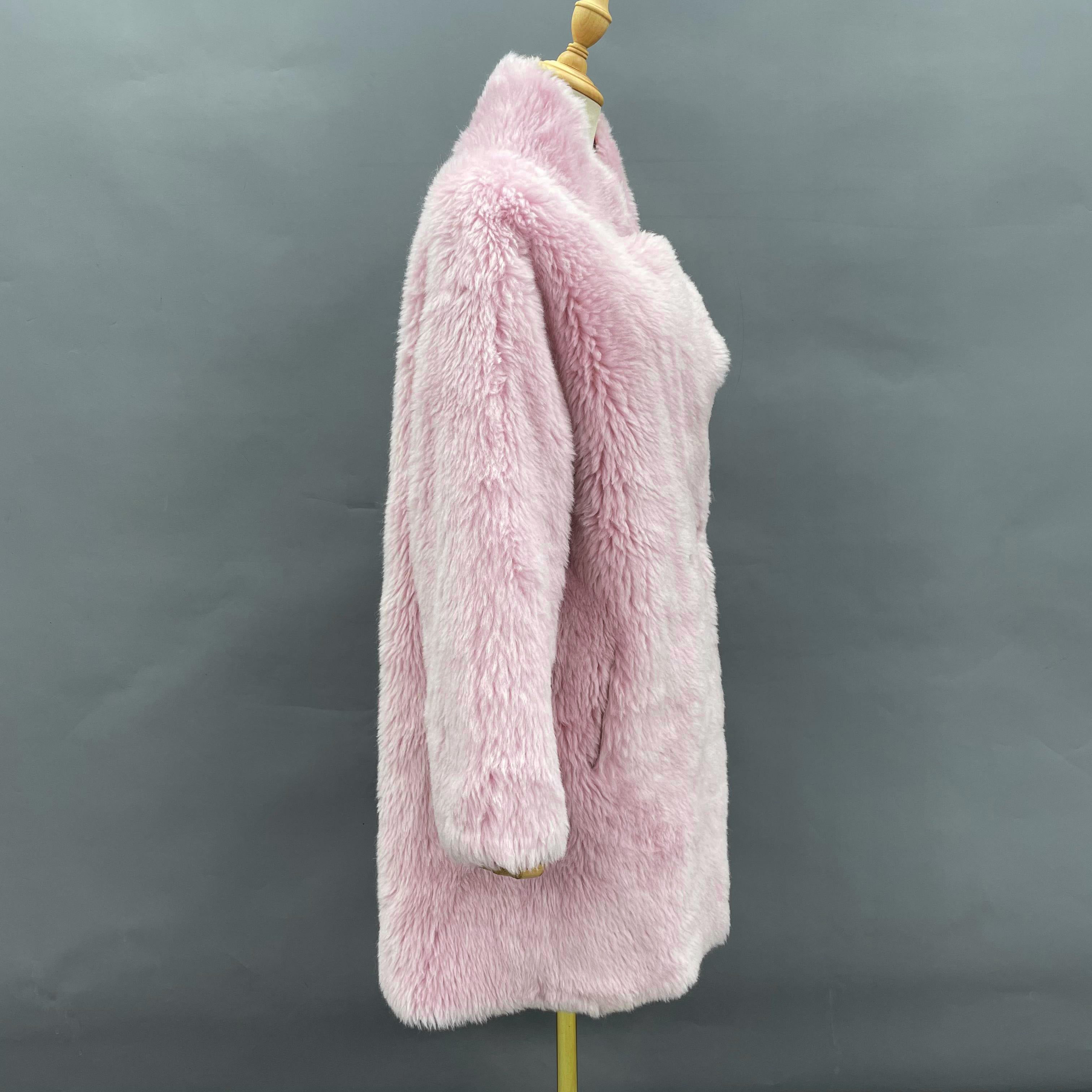 Women's Pink Sheepskin Shearling Long Coat with Stand Collar, Pearl Buttons - Classic & Versatile Winter Outerwear