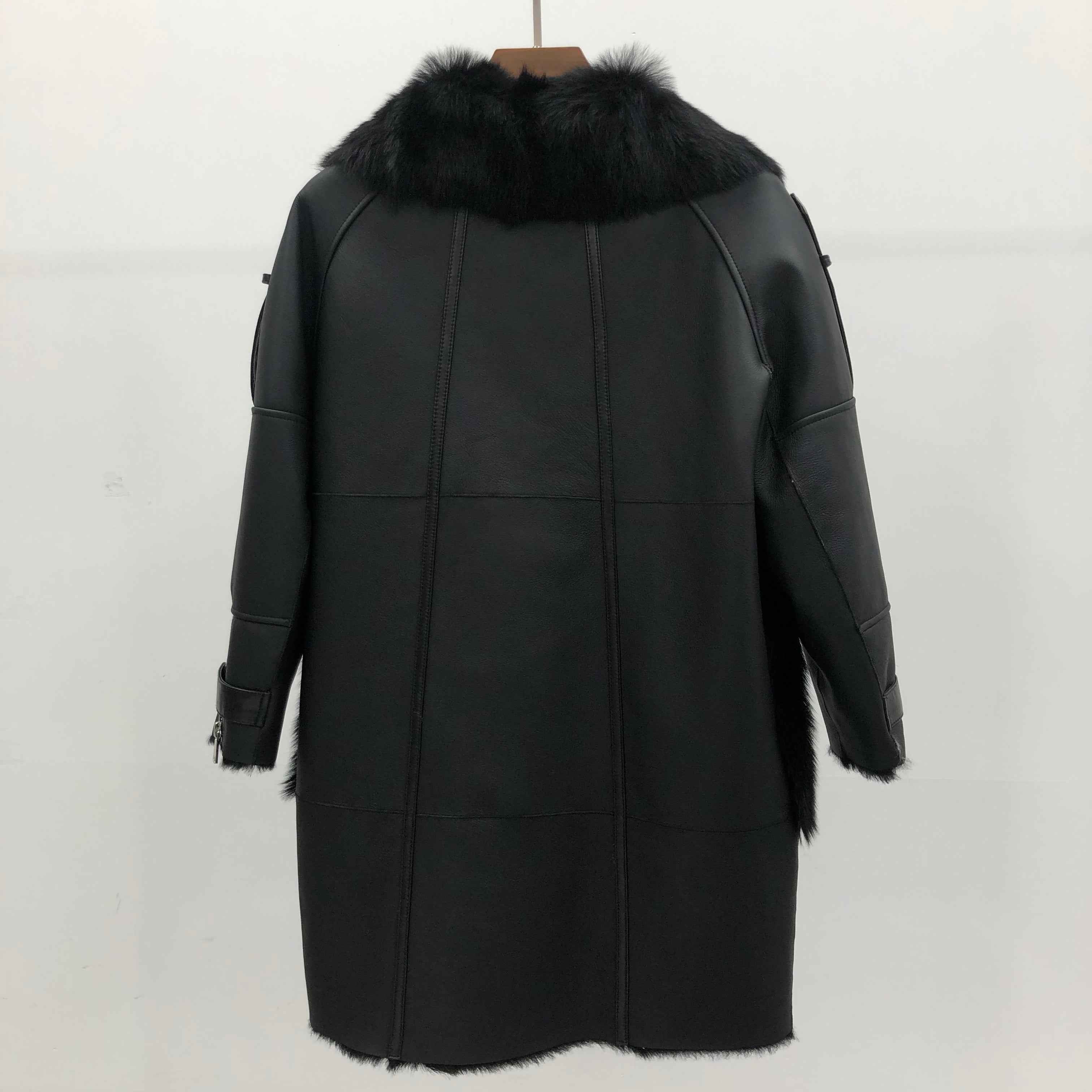 Women's Black Longline Shearling Leather Coat with Fur-Trimmed Pockets, Notched Lapel & Asymmetric Zipper - Luxe Winter Outerwear
