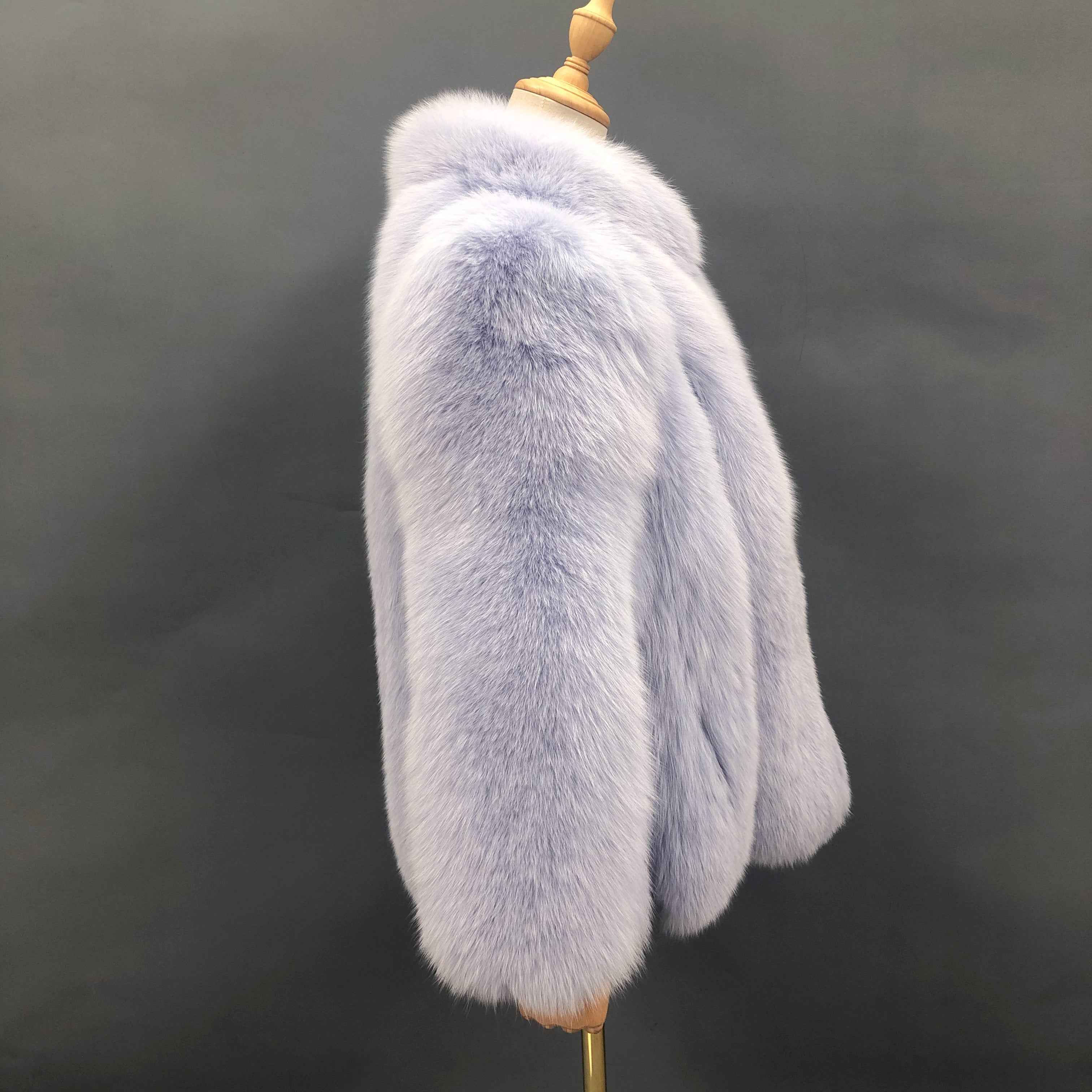Women's Luxury Light Lavender Fox Fur Coat with Vertical Stripes & Stand Collar