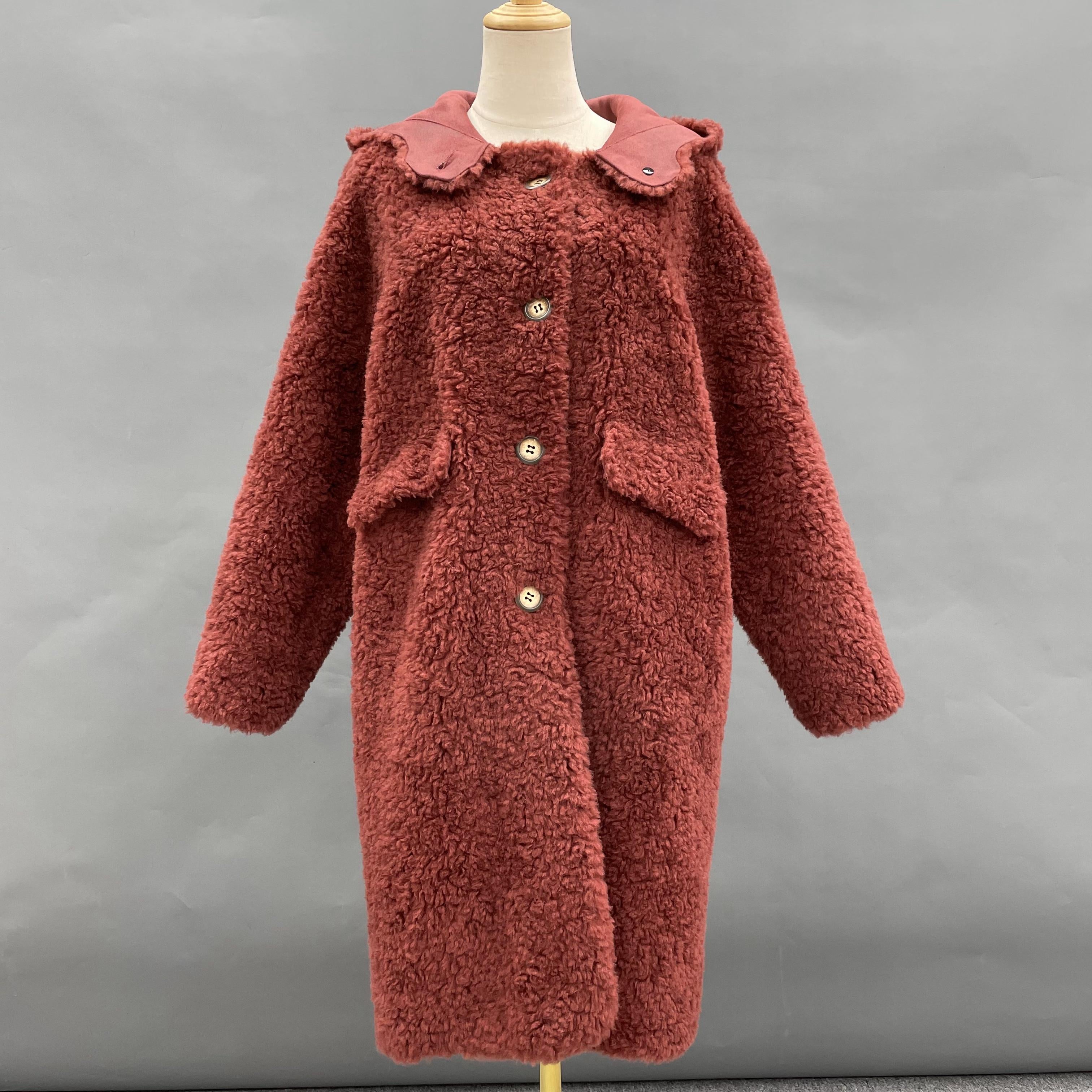Women's Red Hooded Long Sheepskin Shearling Coat - Casual Winter Outerwear