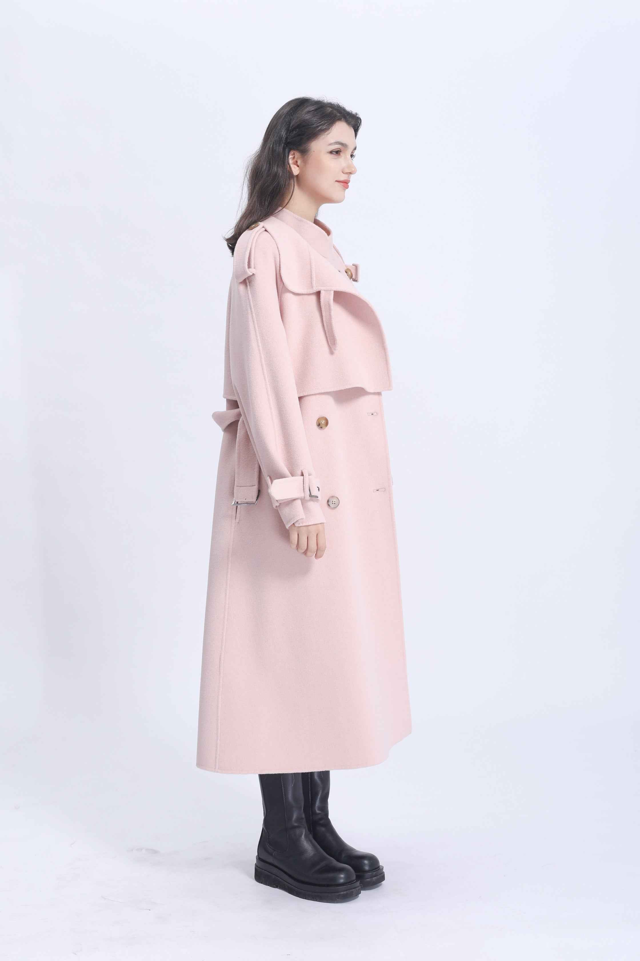 Elegant Double-Breasted Cashmere Trench Coat – Long Wool Blend Overcoat for Women