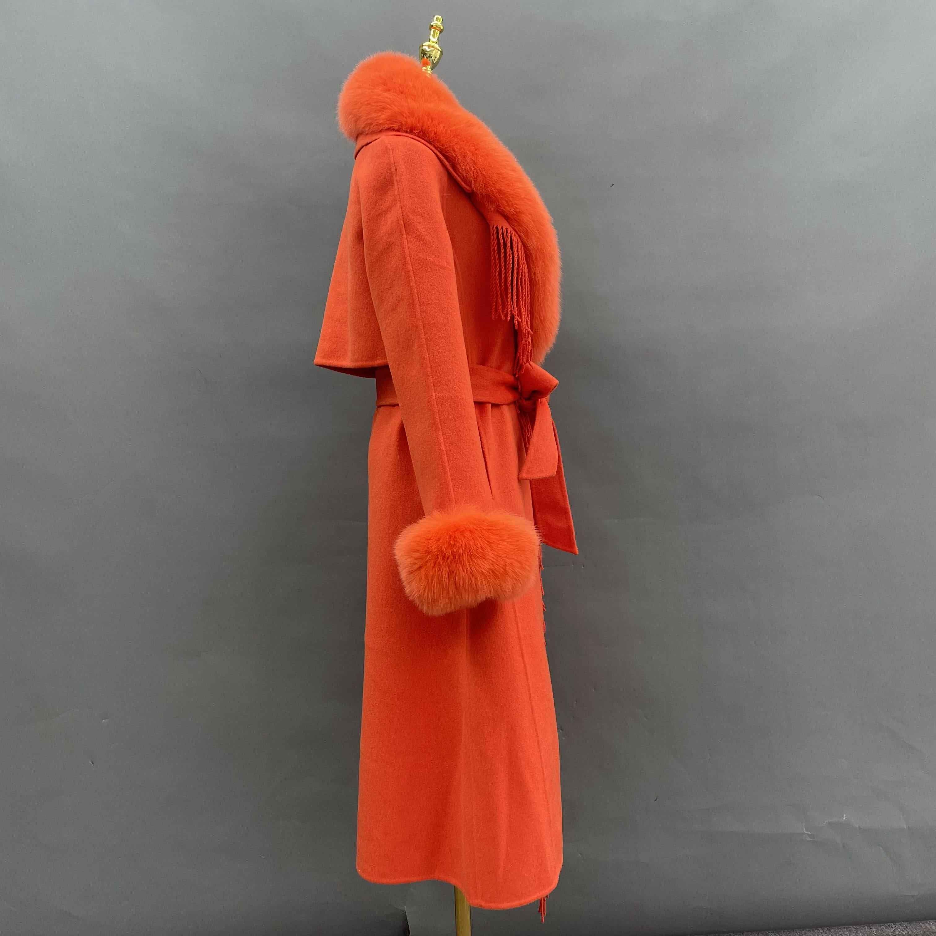 Women's Luxury Double - Faced Wool Coat with Fringe Detailing, Fox Fur Collar and Cuffs, Belted Elegant Winter Outerwear