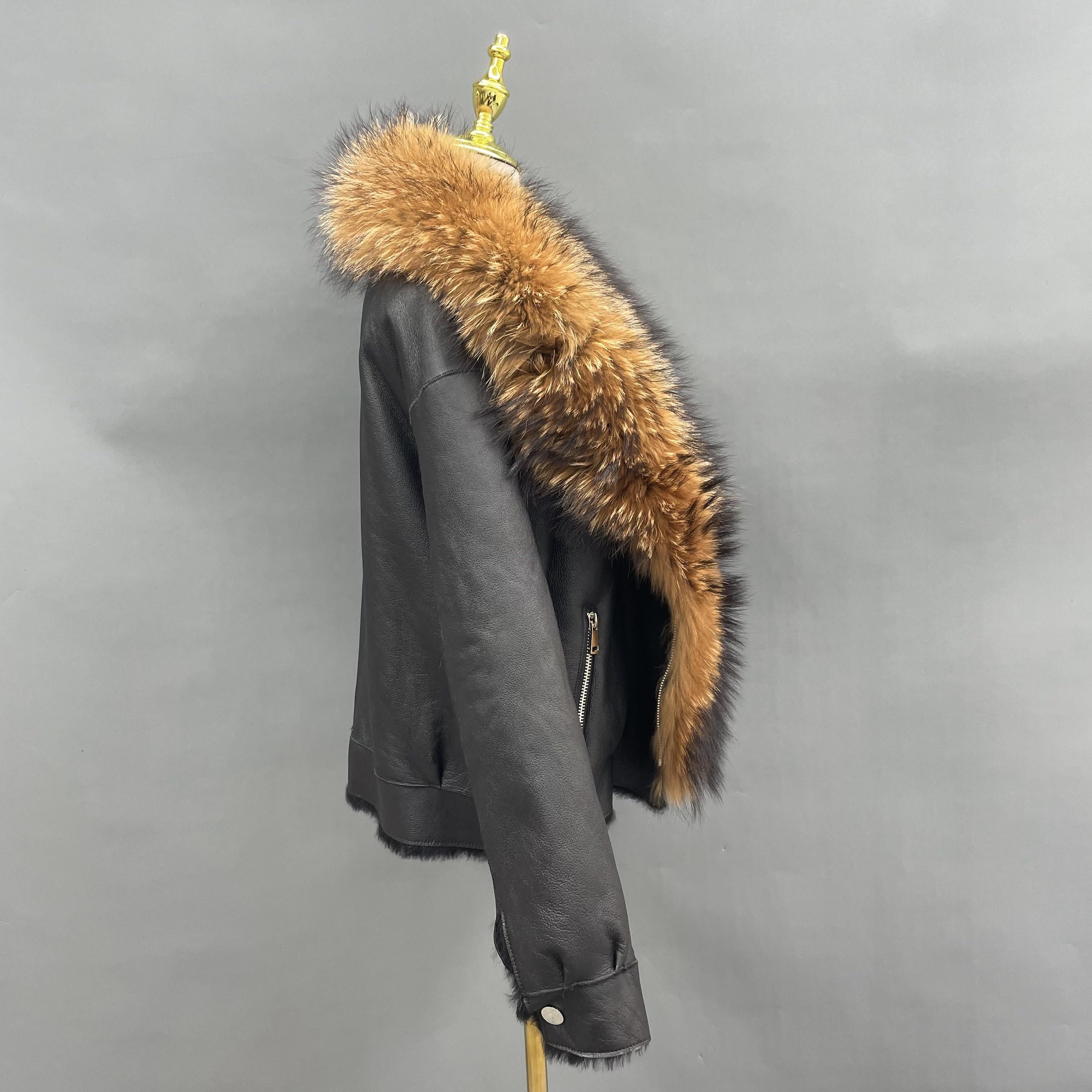 Women's Windproof Shearling Leather Jacket with Oversized Fox Fur Collar - Luxe Winter Outerwear