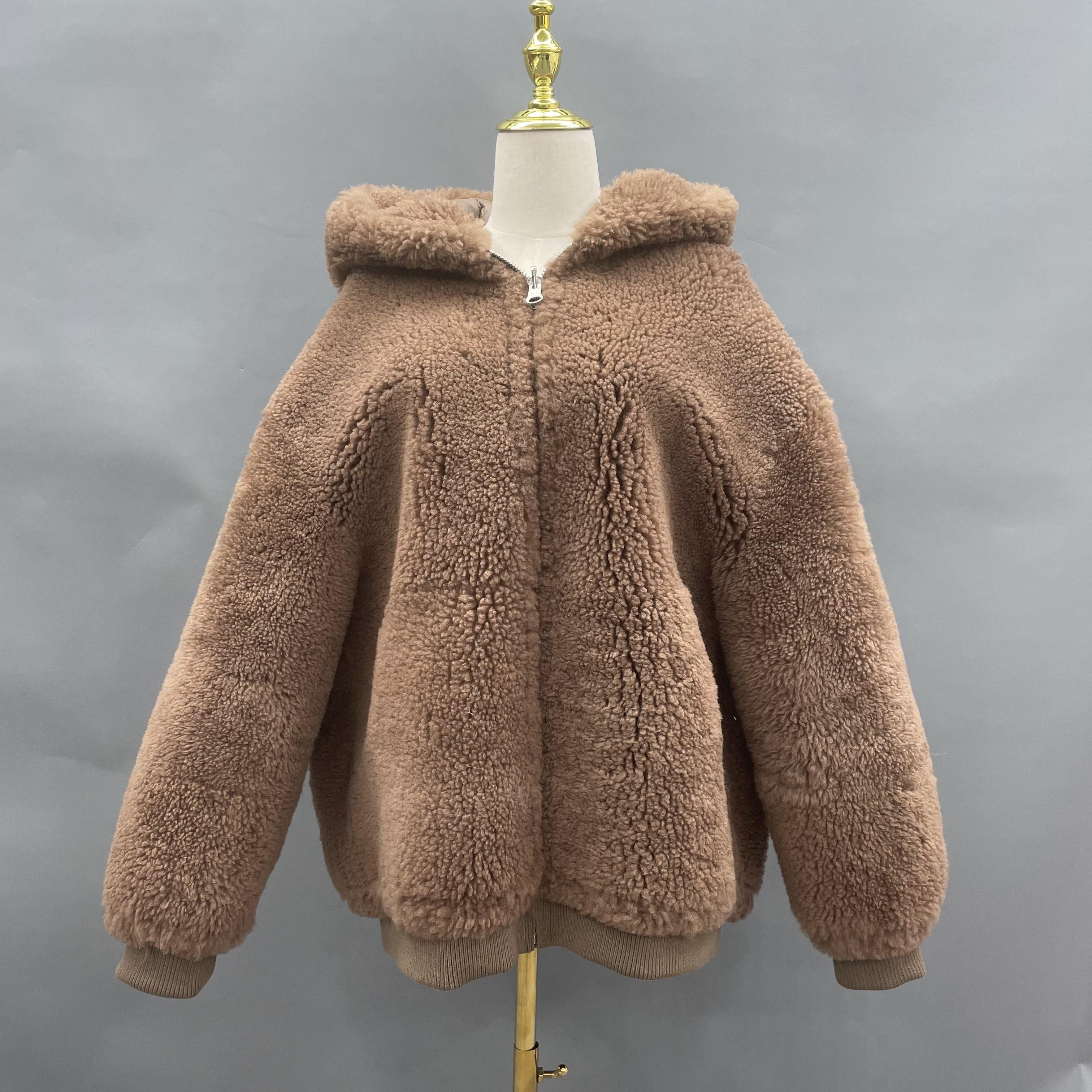 Women's Taupe Sheepskin Shearling Hooded Bomber Jacket - Casual Winter Outerwear