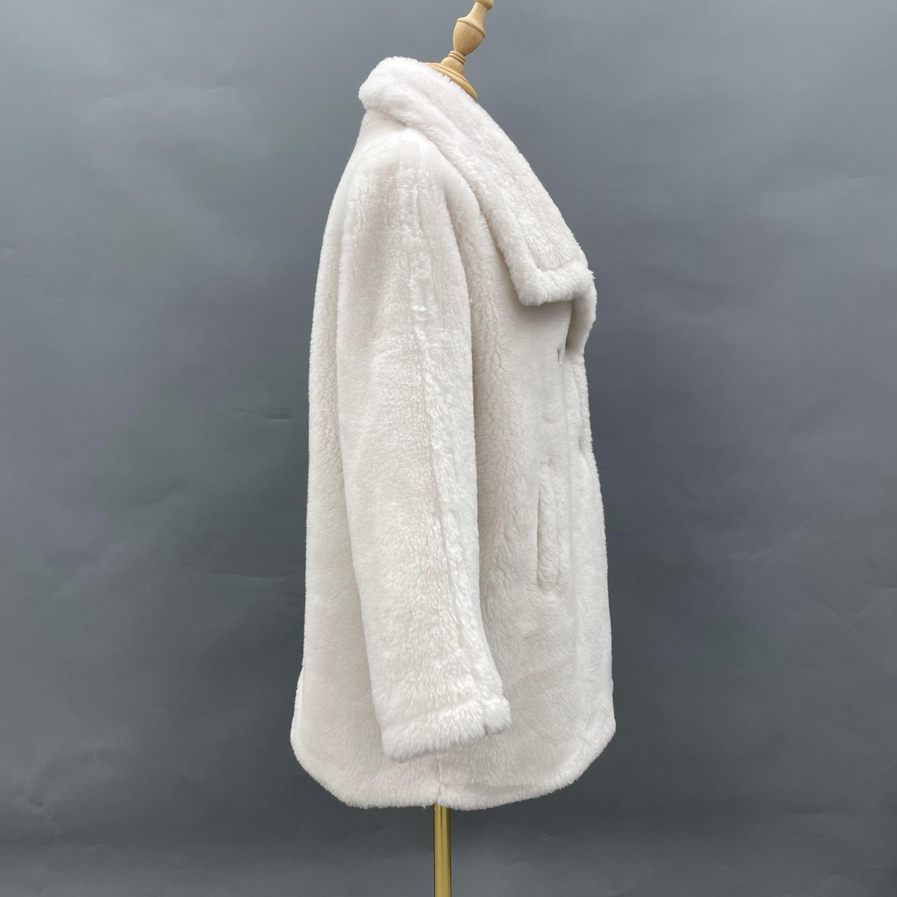 Women's White 100% Wool Shearling Coat with Double-Breasted Notched Lapel - Warm Winter Outerwear