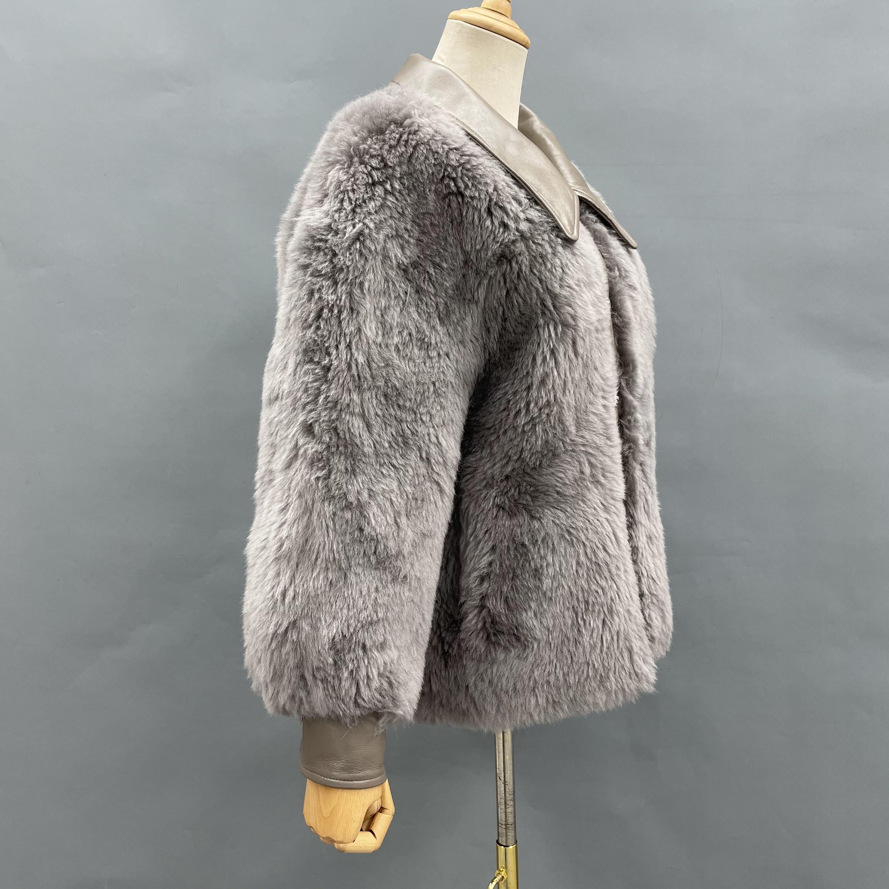 Women's Grey Sheepskin Shearling Jacket with Leather Collar, Cuffs & Decorative Buttons - Edgy Winter Outerwear