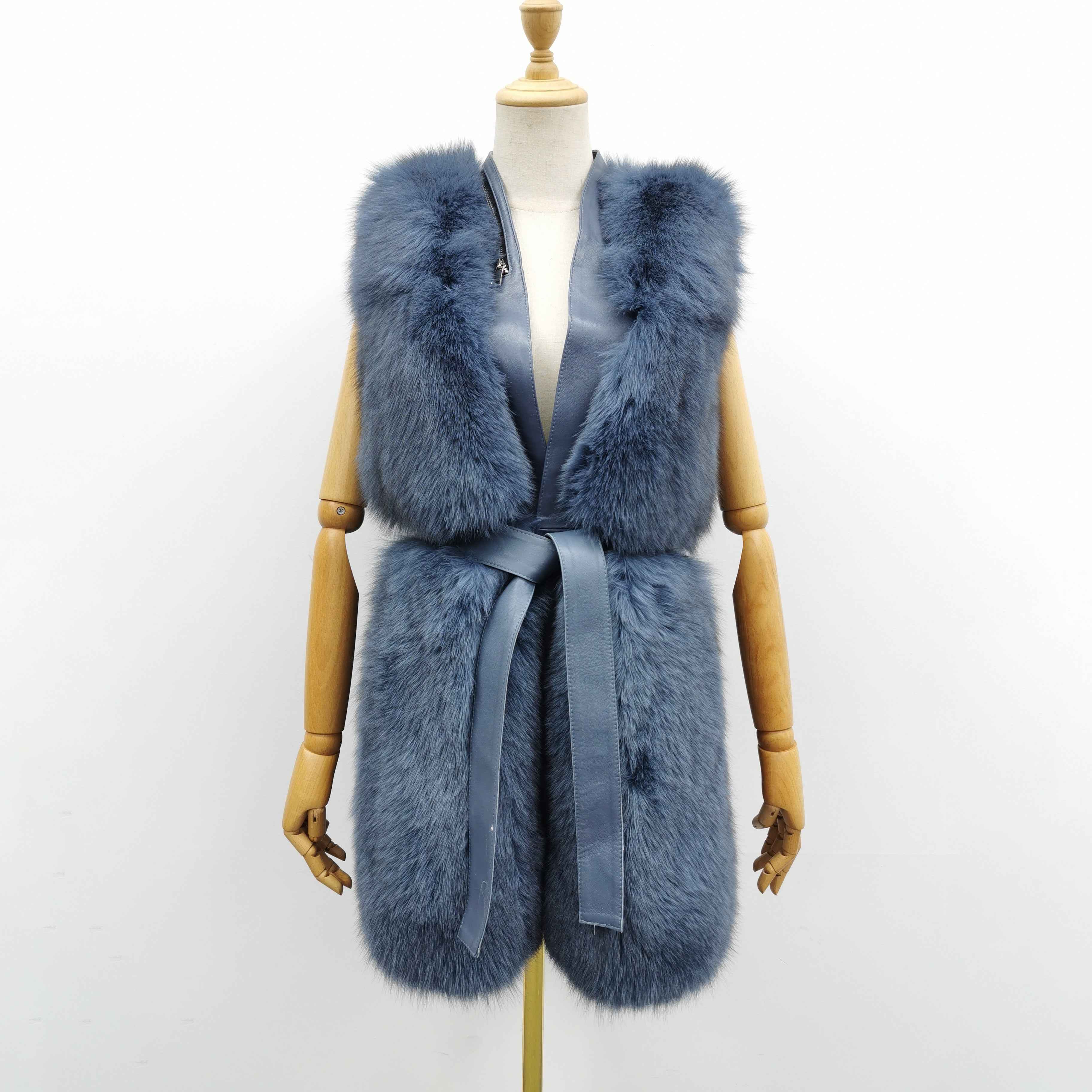 Women's Versatile Belted Fox Fur Vest - Stylish Outerwear Blue