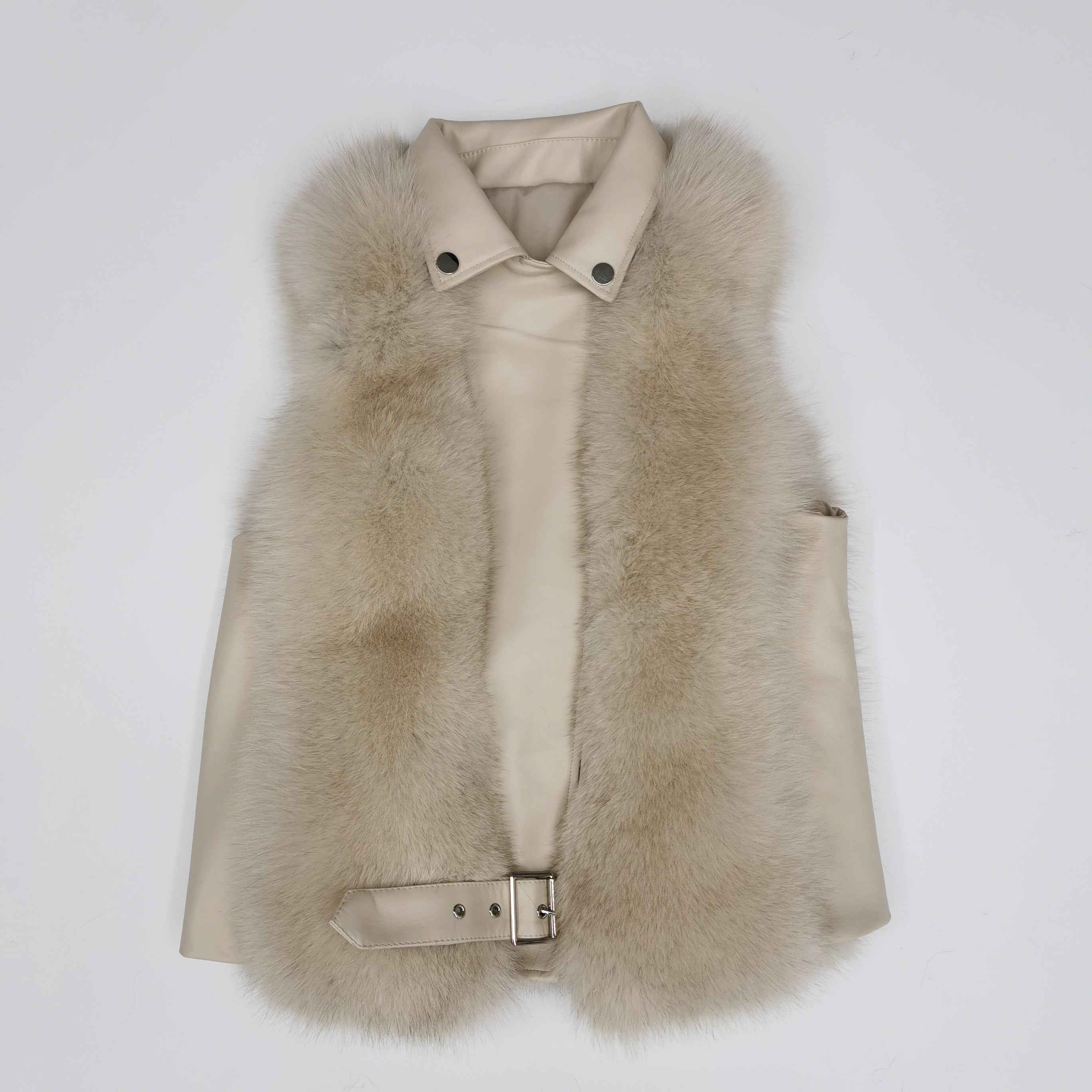 Women's Fox Fur Vest with Leather Collar - Edgy Buckle-Accented Outerwear Beige