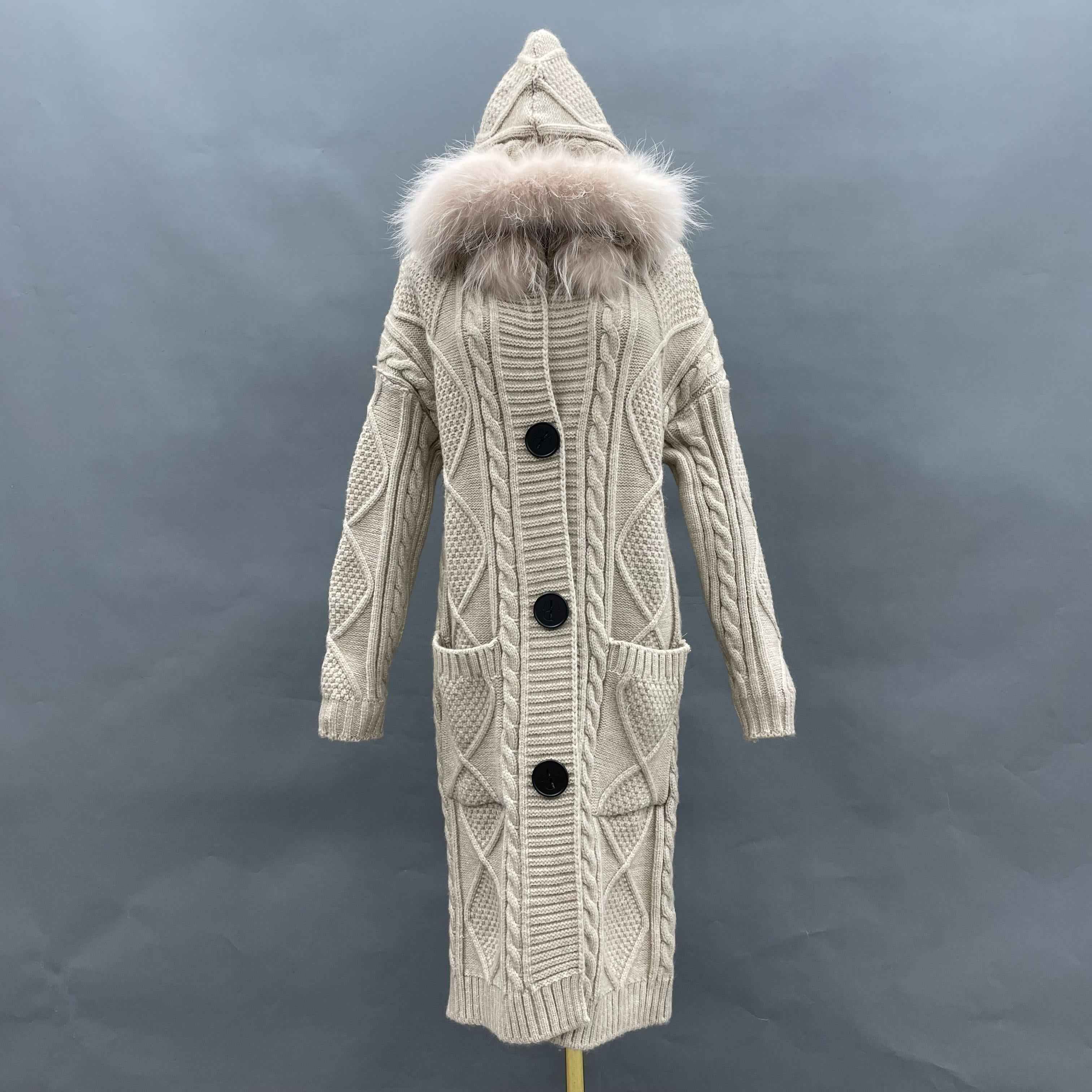 Women's Hooded Knitted Coat with Raccoon Fur-Trimmed Hood, Oversized Buttons & Cable-Knit Pattern - Cozy Winter Outerwear White F-CHEST 104
