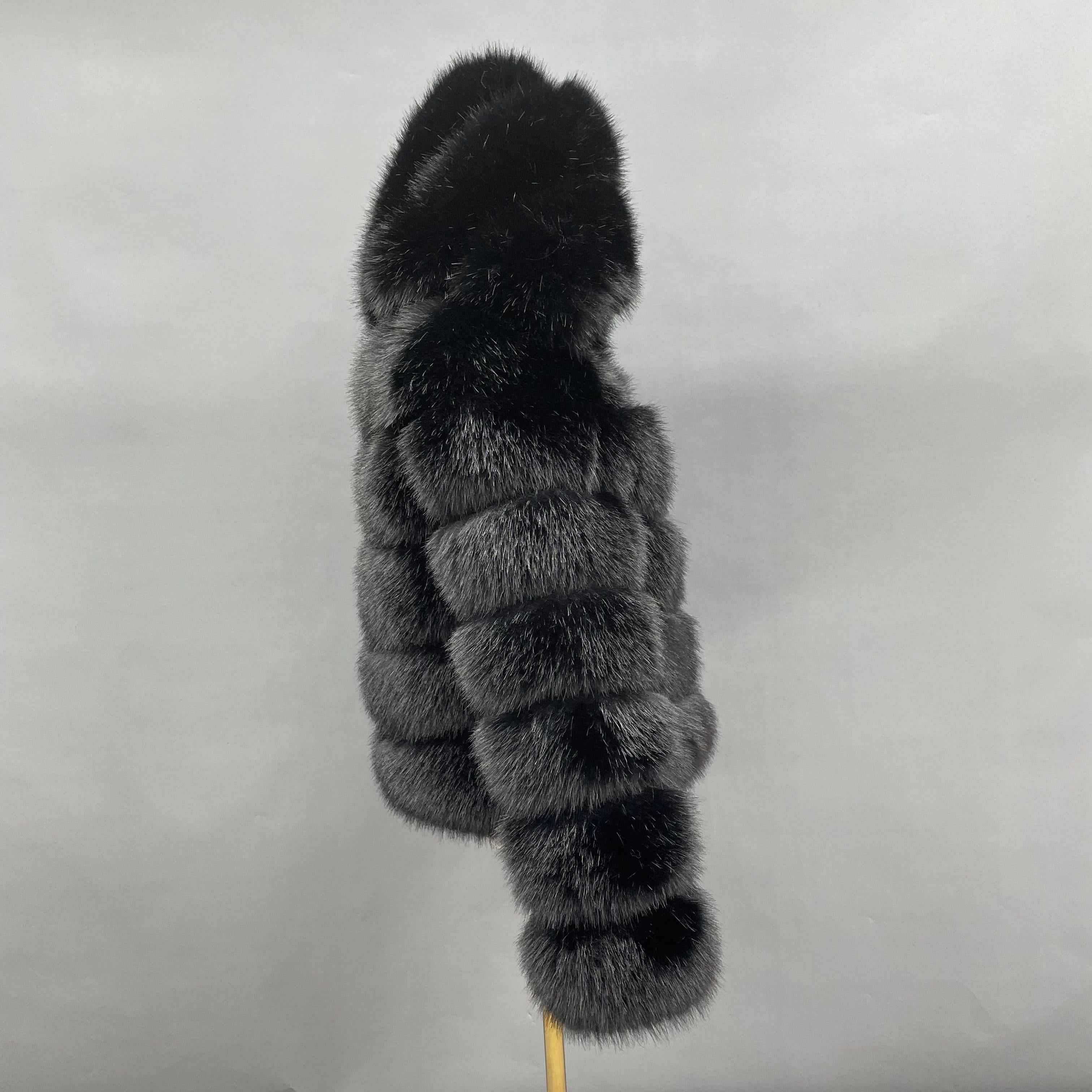 Women's 5-Panel Diagonal Stripe Hooded Faux Fur Coat - Highly Realistic Luxury Winter Outerwear