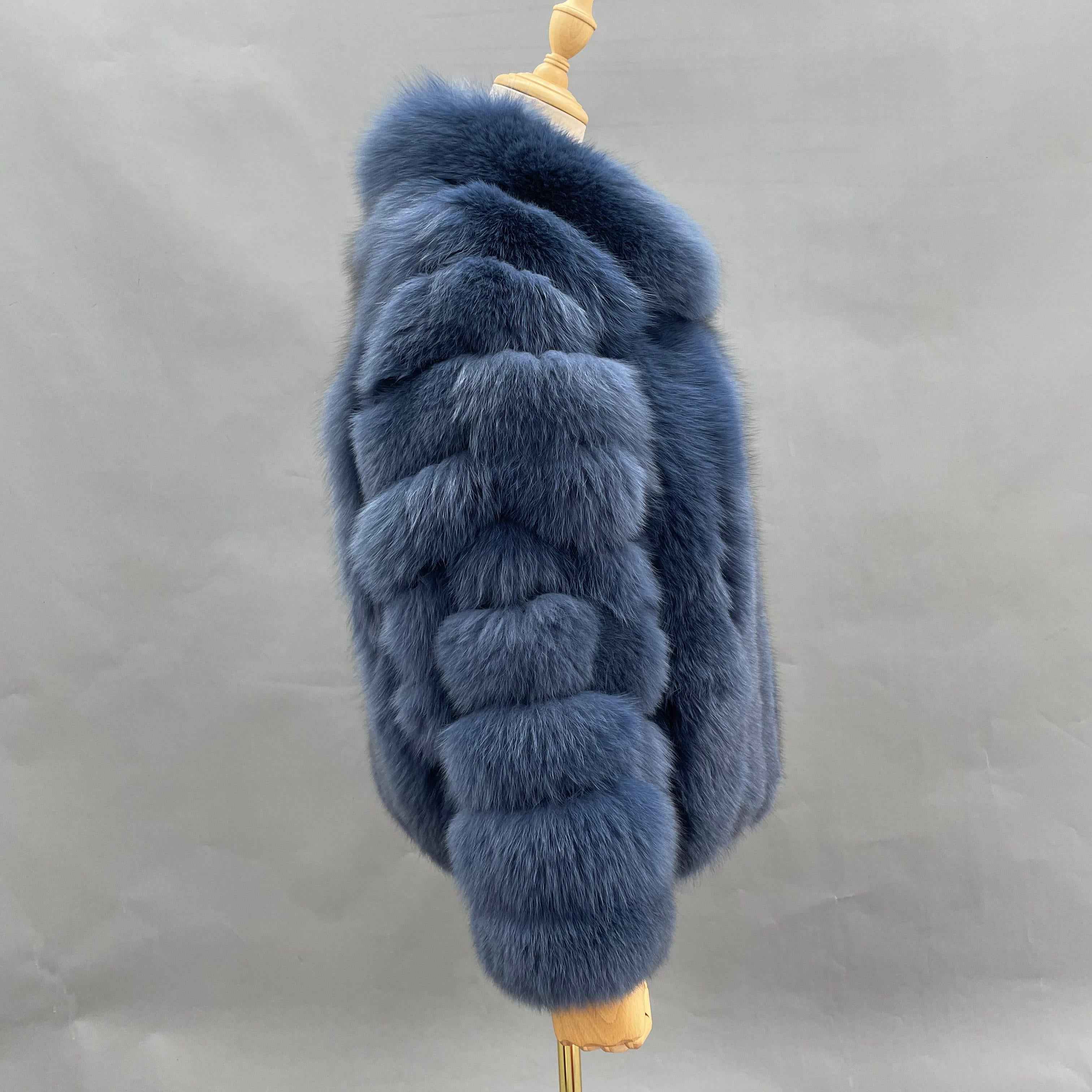 Women's Premium Plush Fox Fur Jacket - Notched Lapel with Vertical Stripe Design Winter Statement Outerwear