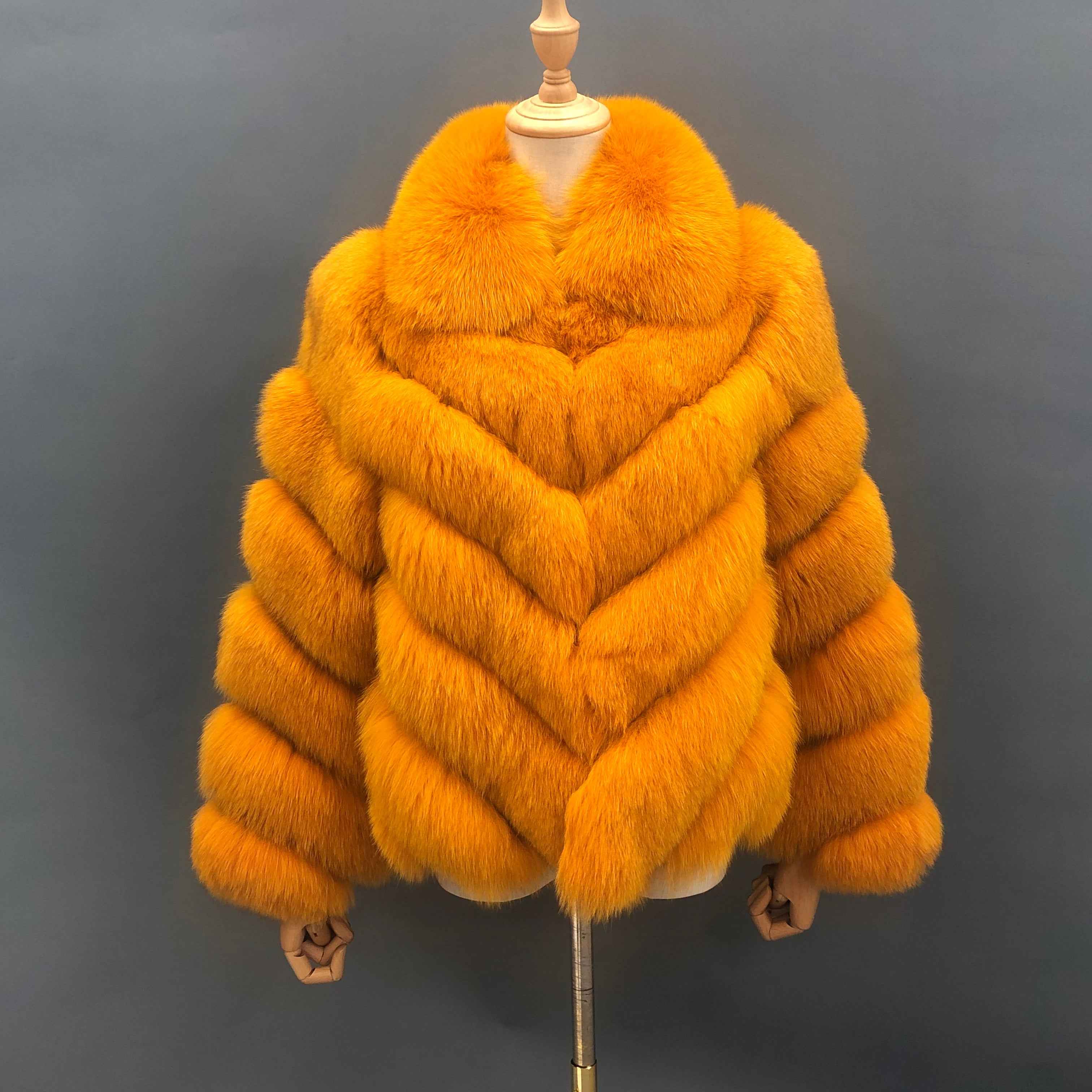Janefur Fox Fur Coat with Chevron Stripe & Notched Collar - Short Winter Jacket Orange Contact us to customize