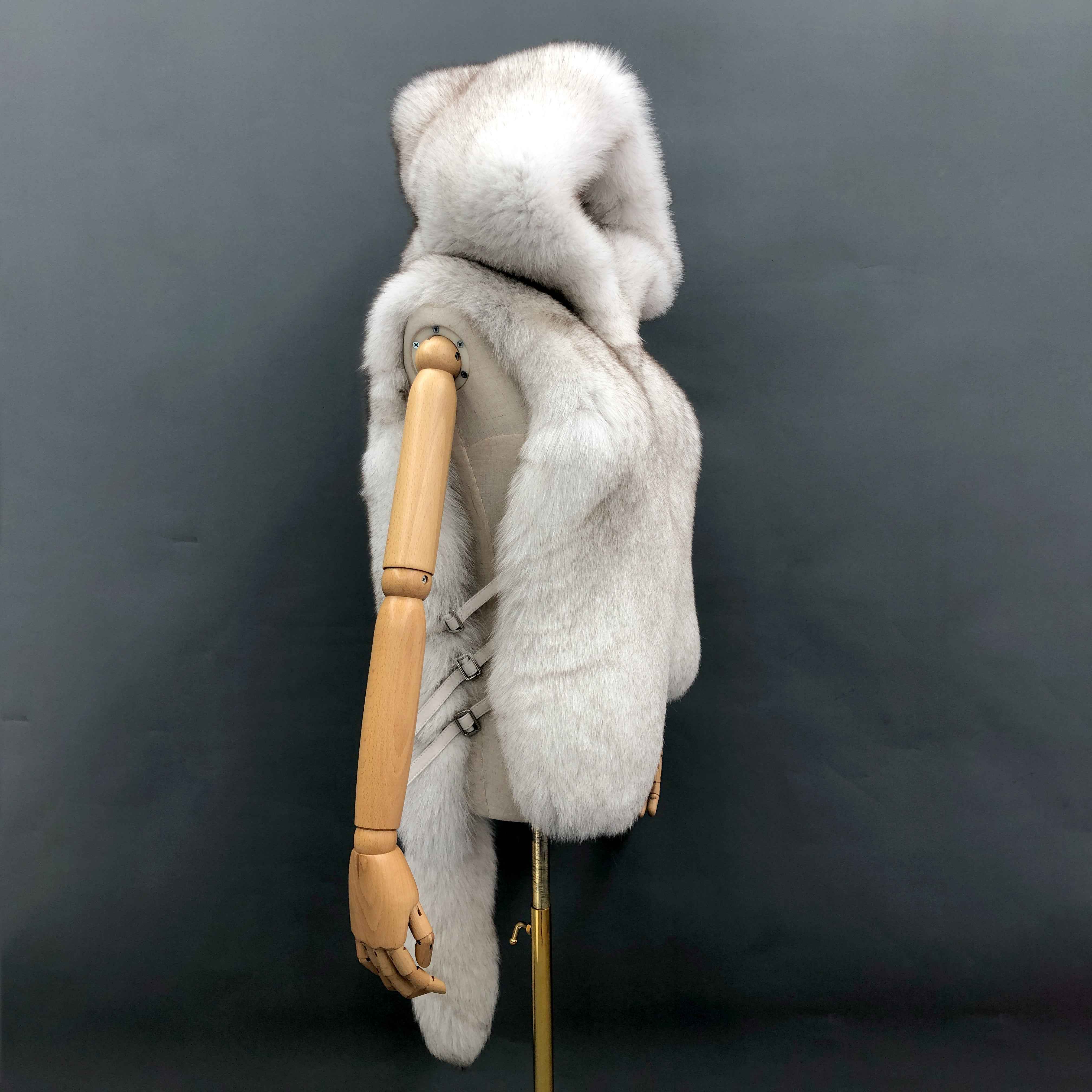 Women's Luxury Fox Fur Hooded Vest with Tail Detail - Bold Statement Outerwear